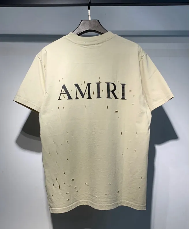 9650 model P140 real shot hanging new product 2025 AMIRI washed and tied with old holes short-sleeved T-shirt apricot black S. M. L. XL