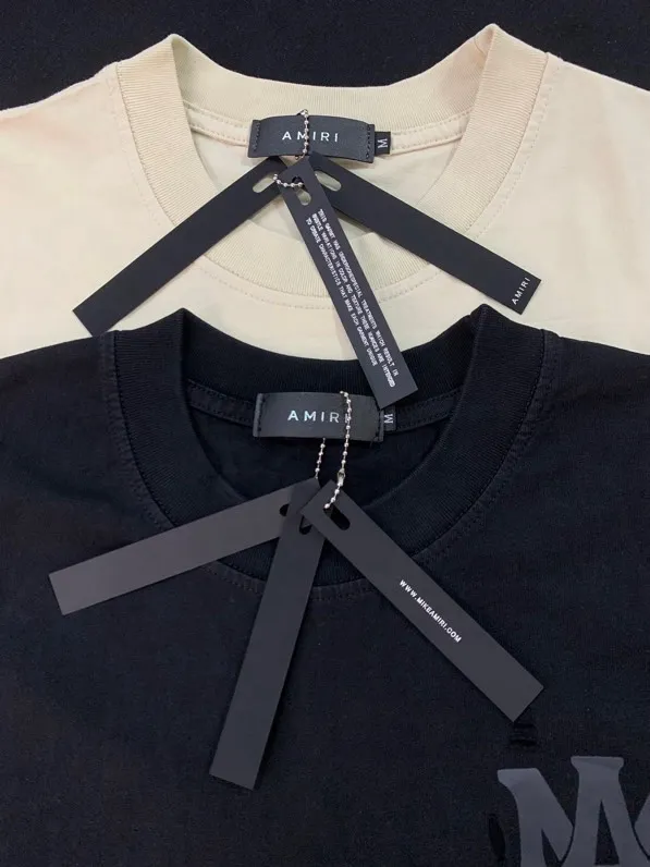 9650 model P140 real shot hanging new product 2025 AMIRI washed and tied with old holes short-sleeved T-shirt apricot black S. M. L. XL