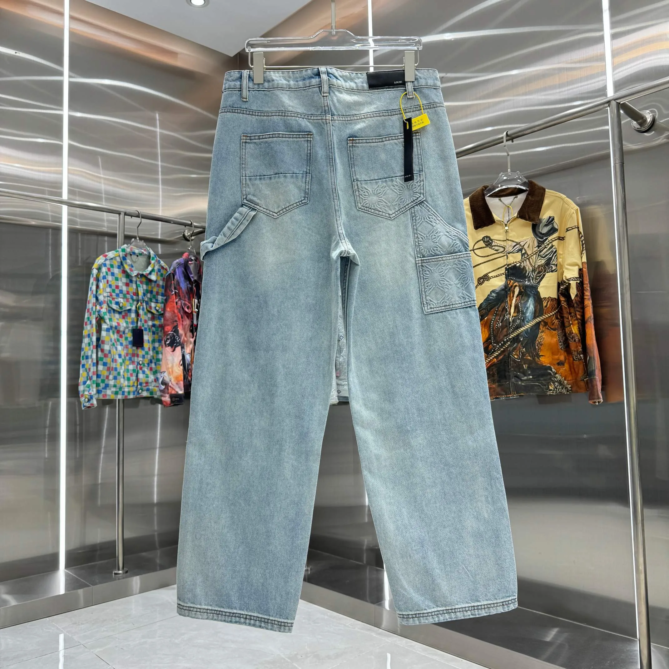 P250 Amiri Dark Pattern Jacquard Workwear Street Trend Loose Straight Jeans Color Light Blue Size 30 32 34 36
