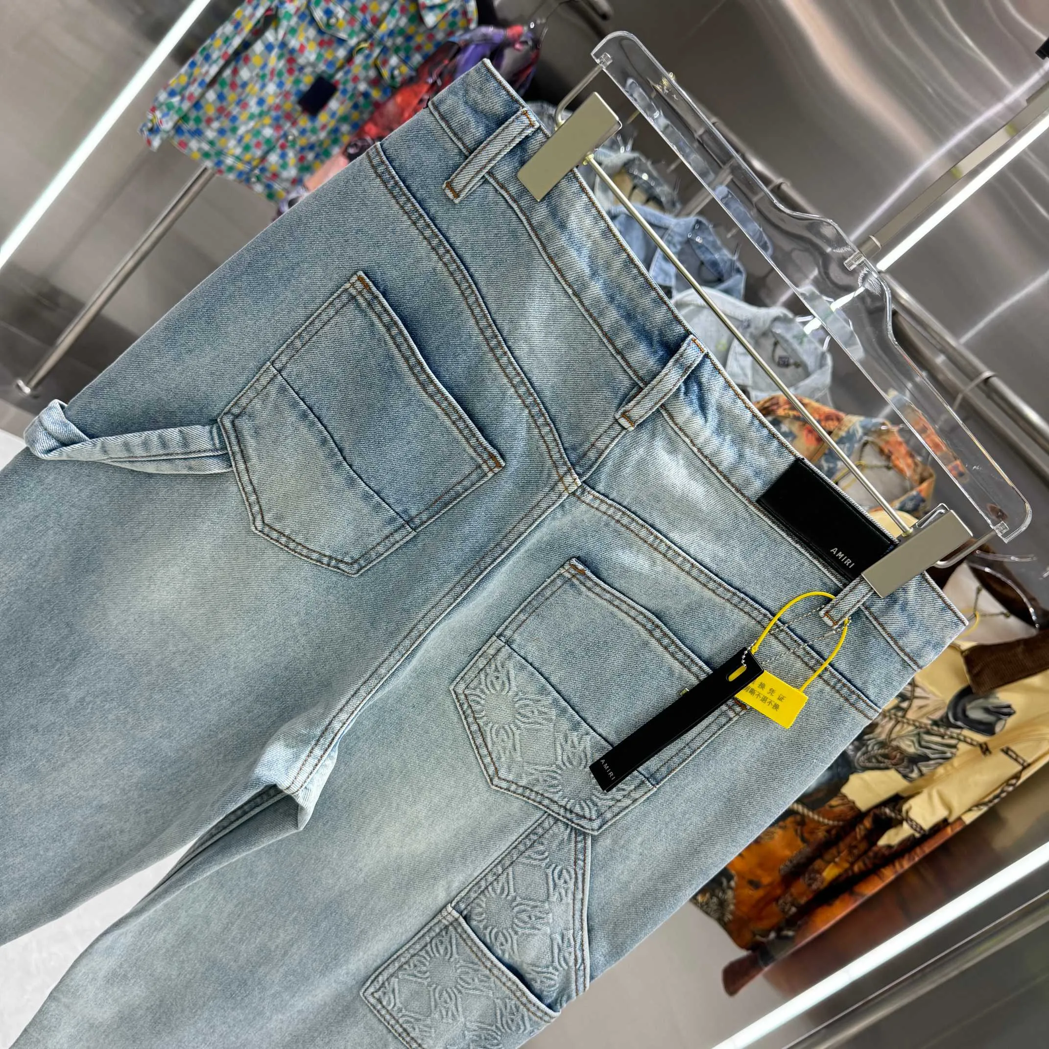 P250 Amiri Dark Pattern Jacquard Workwear Street Trend Loose Straight Jeans Color Light Blue Size 30 32 34 36
