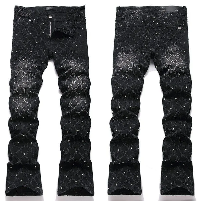 #N01 P220💰 AM micro-flared baby's breath jeans light luxury jeans AMIRI jeans trousers micro-elastic jeans trousers amiri brand jeans break the production process and cutting of the original jeans, the fabrics are softer and more comfortable Hand-sewn collar label Customized logo buttons Genuine leather tag Color: Picture color Size: 28-30-32-34-36