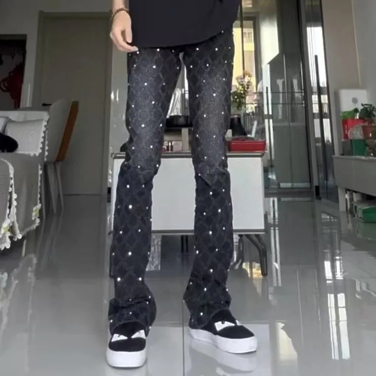 #N01 P220💰 AM micro-flared baby's breath jeans light luxury jeans AMIRI jeans trousers micro-elastic jeans trousers amiri brand jeans break the production process and cutting of the original jeans, the fabrics are softer and more comfortable Hand-sewn collar label Customized logo buttons Genuine leather tag Color: Picture color Size: 28-30-32-34-36