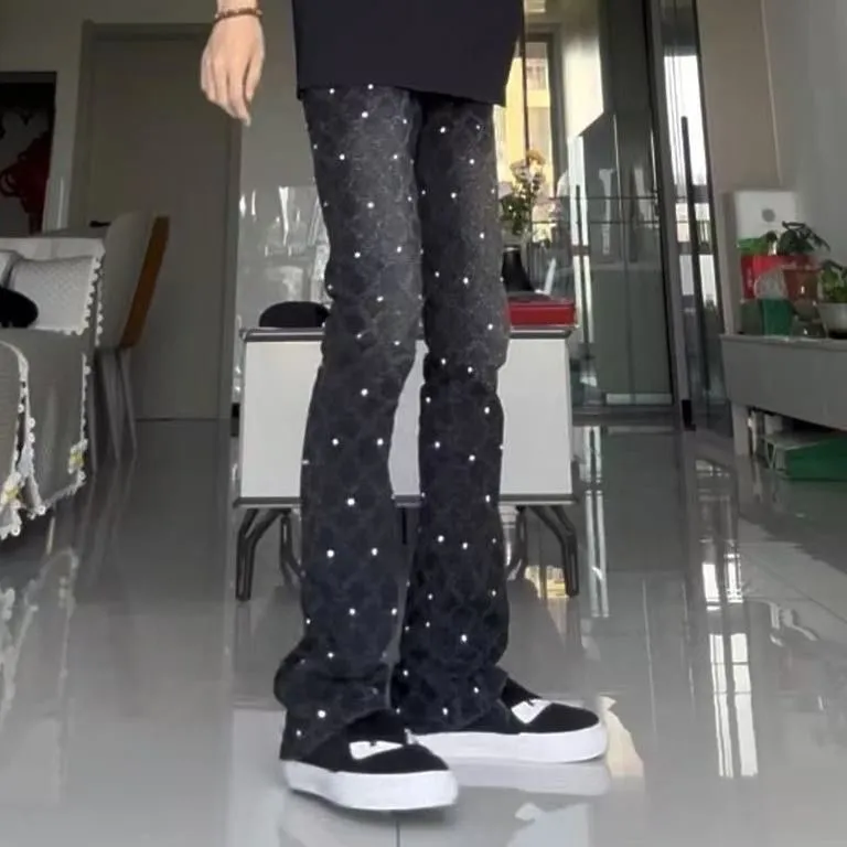 #N01 P220💰 AM micro-flared baby's breath jeans light luxury jeans AMIRI jeans trousers micro-elastic jeans trousers amiri brand jeans break the production process and cutting of the original jeans, the fabrics are softer and more comfortable Hand-sewn collar label Customized logo buttons Genuine leather tag Color: Picture color Size: 28-30-32-34-36