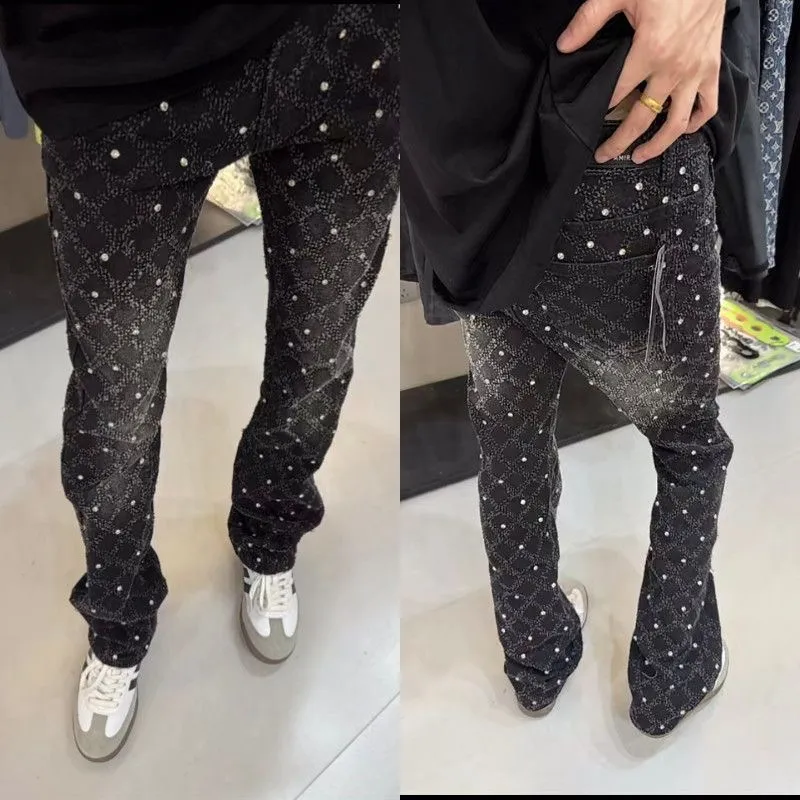 #N01 P220💰 AM micro-flared baby's breath jeans light luxury jeans AMIRI jeans trousers micro-elastic jeans trousers amiri brand jeans break the production process and cutting of the original jeans, the fabrics are softer and more comfortable Hand-sewn collar label Customized logo buttons Genuine leather tag Color: Picture color Size: 28-30-32-34-36