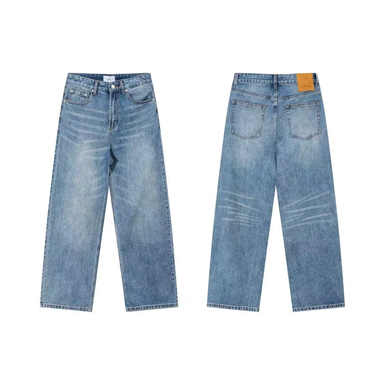 2289# AMI PARIS 25 new autumn and winter products [Same style as Zhou Yiran] Men's high-waisted wide-leg jeans, retro casual cotton denim straight trousers, buttons decorated with LOGO YP replica, can be worn by men and women, color: denim basket, code number: 29 30 32 34 36