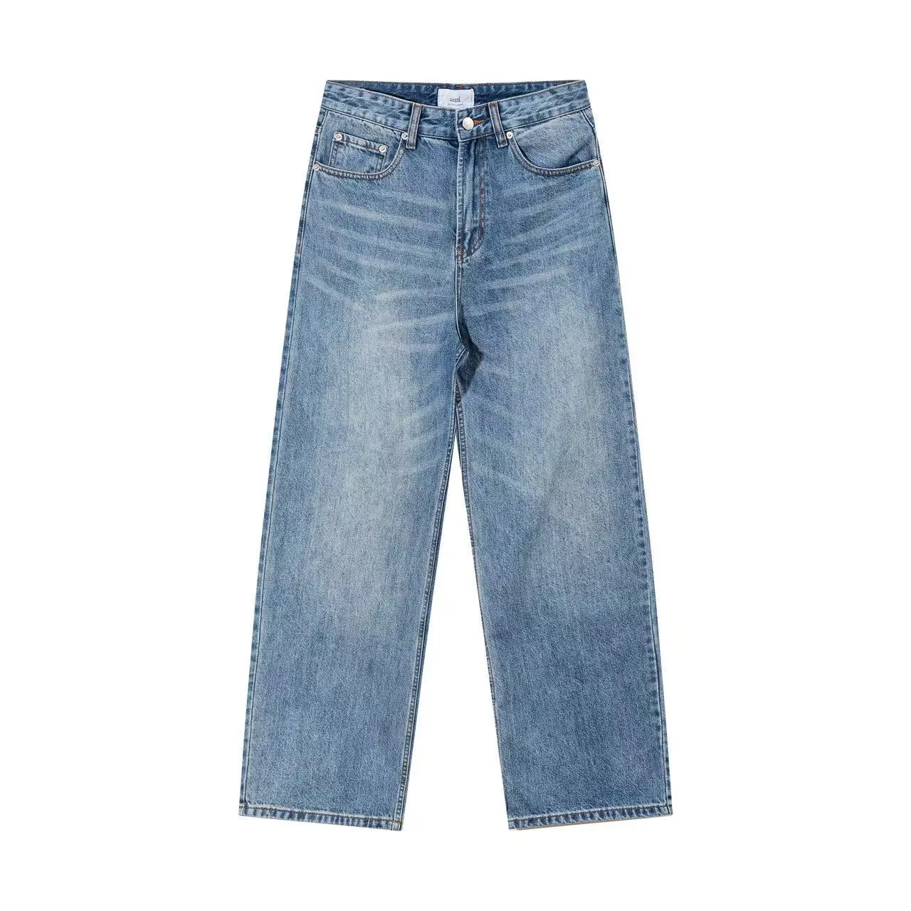 2289# AMI PARIS 25 new autumn and winter products [Same style as Zhou Yiran] Men's high-waisted wide-leg jeans, retro casual cotton denim straight trousers, buttons decorated with LOGO YP replica, can be worn by men and women, color: denim basket, code number: 29 30 32 34 36