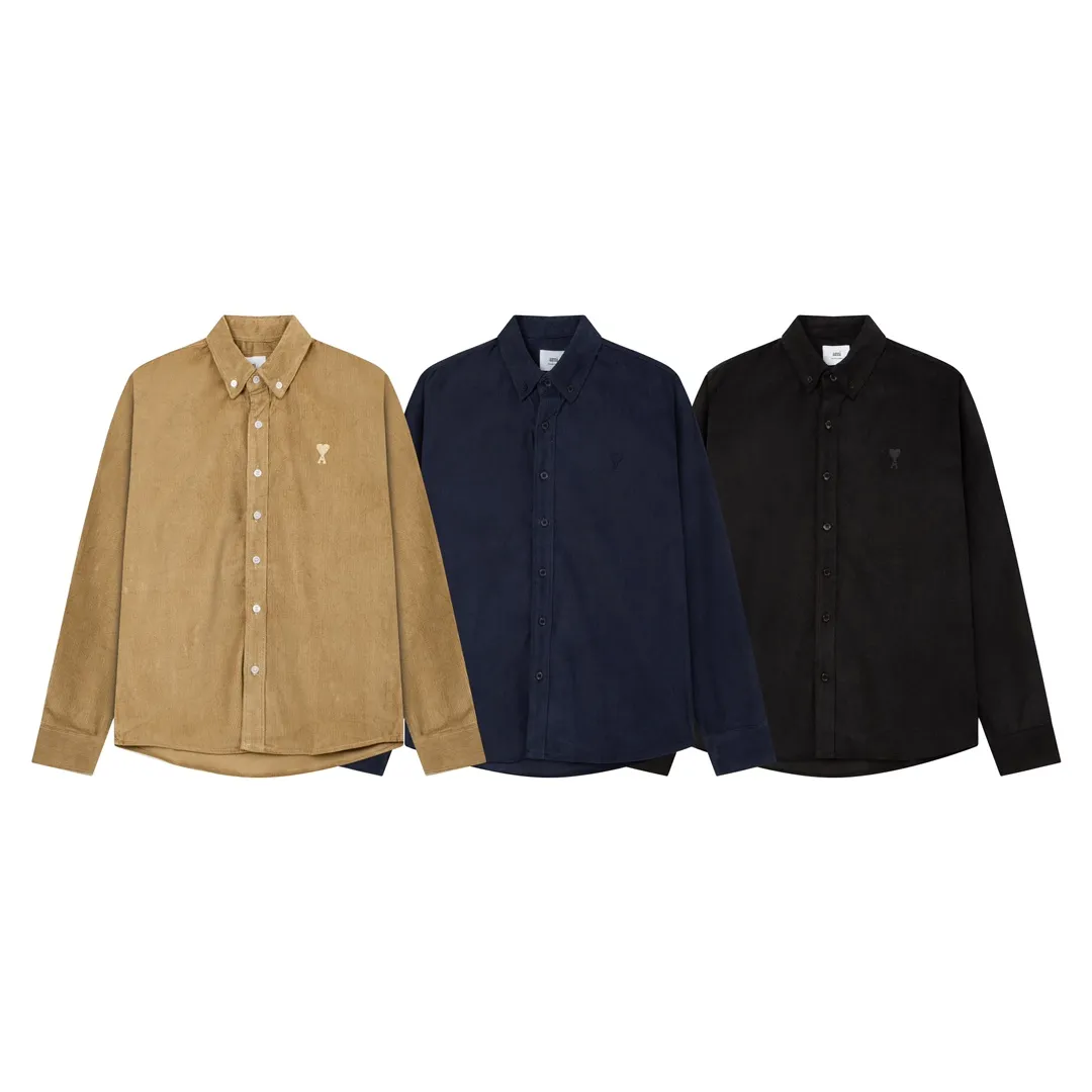2201# AMI Paris 2024 Autumn and Winter New Arrival Autumn Little Hearts of the Same Color on the Chest Casual Cotton Corduroy Shirt Original Customized 280g Pure Cotton Fabric Regular Fit Same Style for Men and Women Color: Black Paulan Khaki Size: S-XL