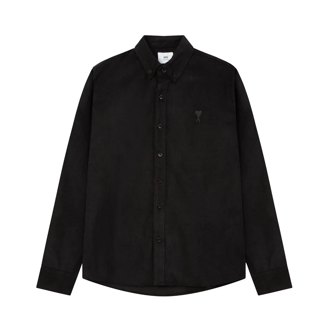 2201# AMI Paris 2024 Autumn and Winter New Arrival Autumn Little Hearts of the Same Color on the Chest Casual Cotton Corduroy Shirt Original Customized 280g Pure Cotton Fabric Regular Fit Same Style for Men and Women Color: Black Paulan Khaki Size: S-XL