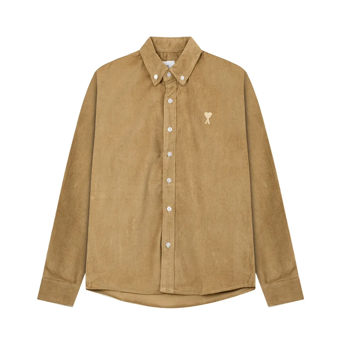 2201# AMI Paris 2024 Autumn and Winter New Arrival Autumn Little Hearts of the Same Color on the Chest Casual Cotton Corduroy Shirt Original Customized 280g Pure Cotton Fabric Regular Fit Same Style for Men and Women Color: Black Paulan Khaki Size: S-XL