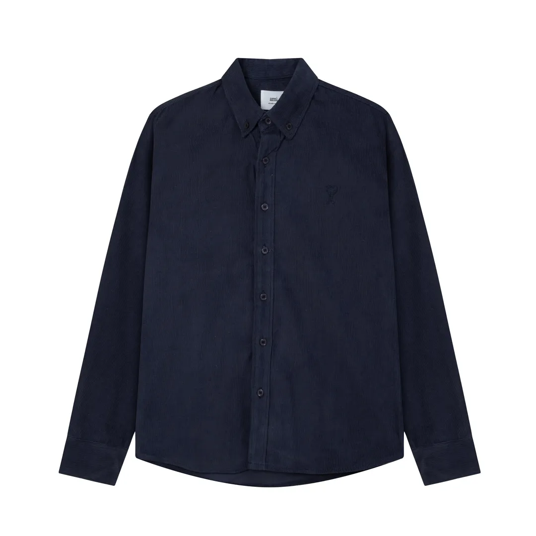 2201# AMI Paris 2024 Autumn and Winter New Arrival Autumn Little Hearts of the Same Color on the Chest Casual Cotton Corduroy Shirt Original Customized 280g Pure Cotton Fabric Regular Fit Same Style for Men and Women Color: Black Paulan Khaki Size: S-XL
