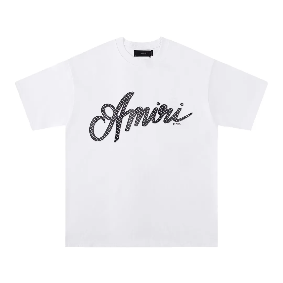P114 Fabric: 260g double yarn AMIRI 2025 spring and summer new logo round neck T-shirt high street same style for men and women loose classic letter printed short sleeves Color: black. White Red Size: S M L XL