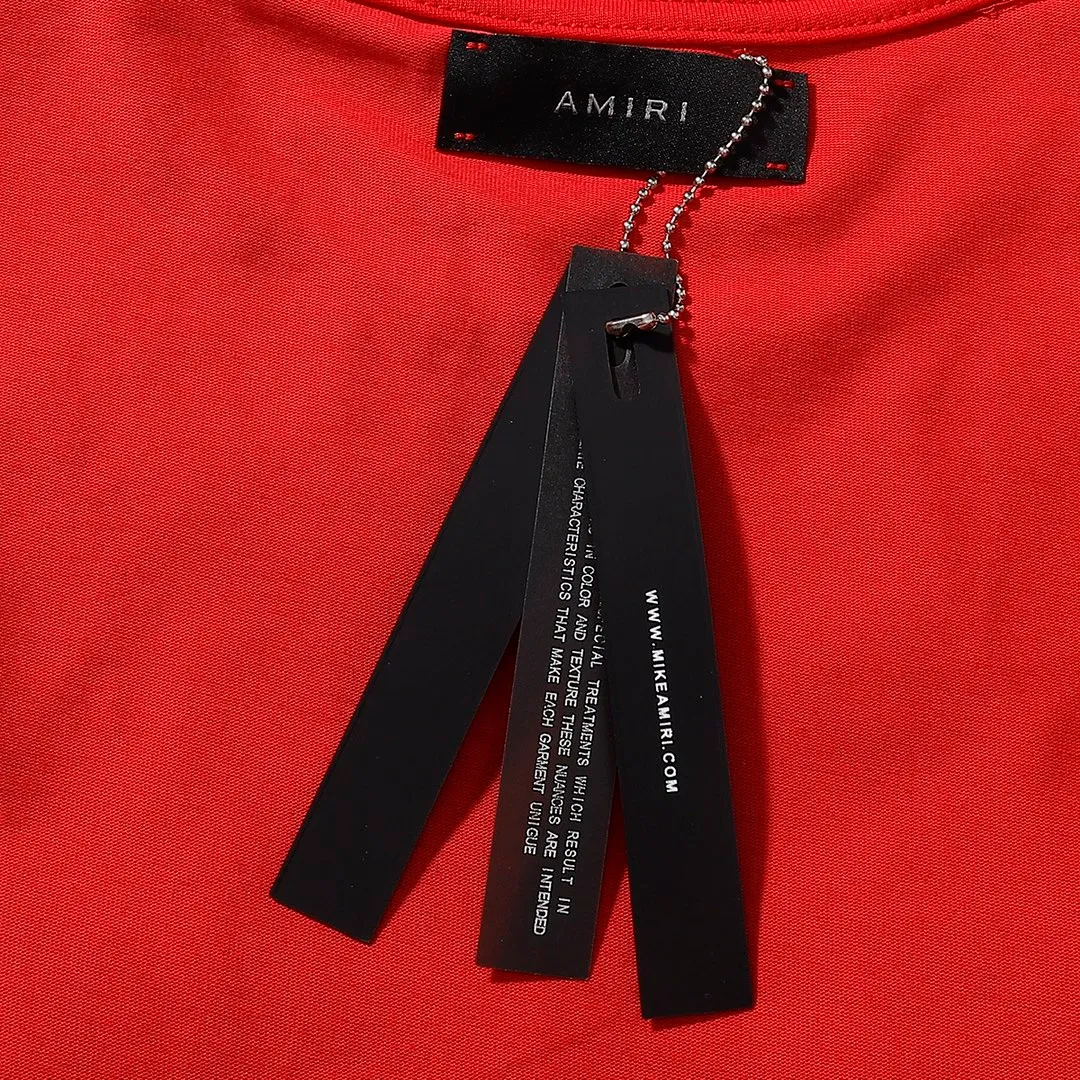 P114 Fabric: 260g double yarn AMIRI 2025 spring and summer new logo round neck T-shirt high street same style for men and women loose classic letter printed short sleeves Color: black. White Red Size: S M L XL