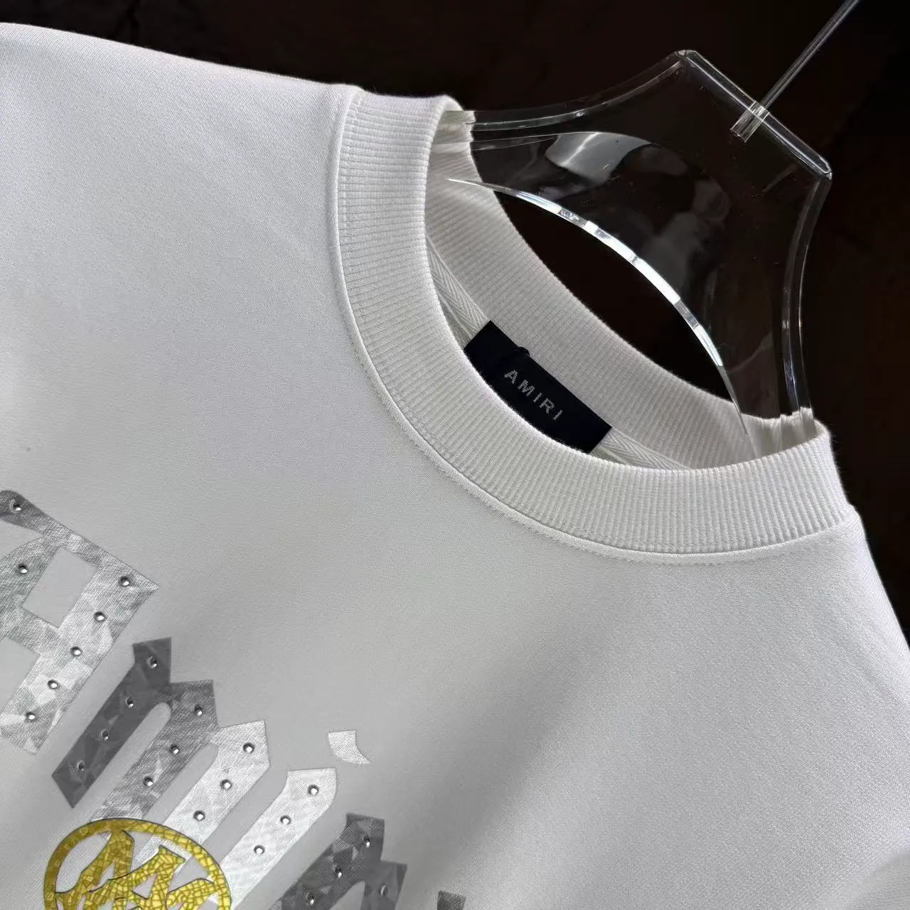 P210 AMIRI* 2025 autumn and winter new round neck sweatshirt 400g terry cotton letter logo three-dimensional thick plate glue ➕ metal diamond Color: Black White Gray Purple Size: S M L XL XXL