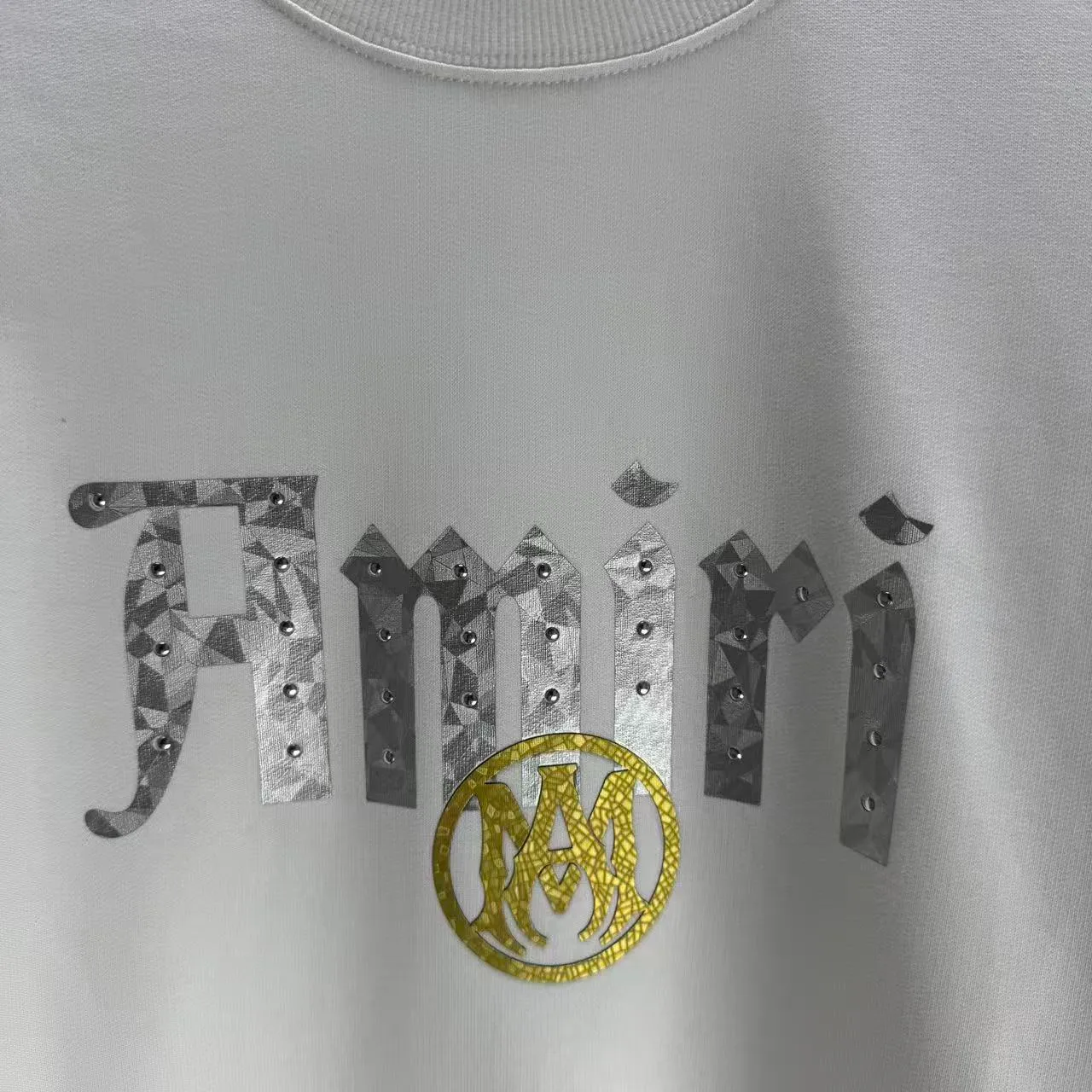 P210 AMIRI* 2025 autumn and winter new round neck sweatshirt 400g terry cotton letter logo three-dimensional thick plate glue ➕ metal diamond Color: Black White Gray Purple Size: S M L XL XXL