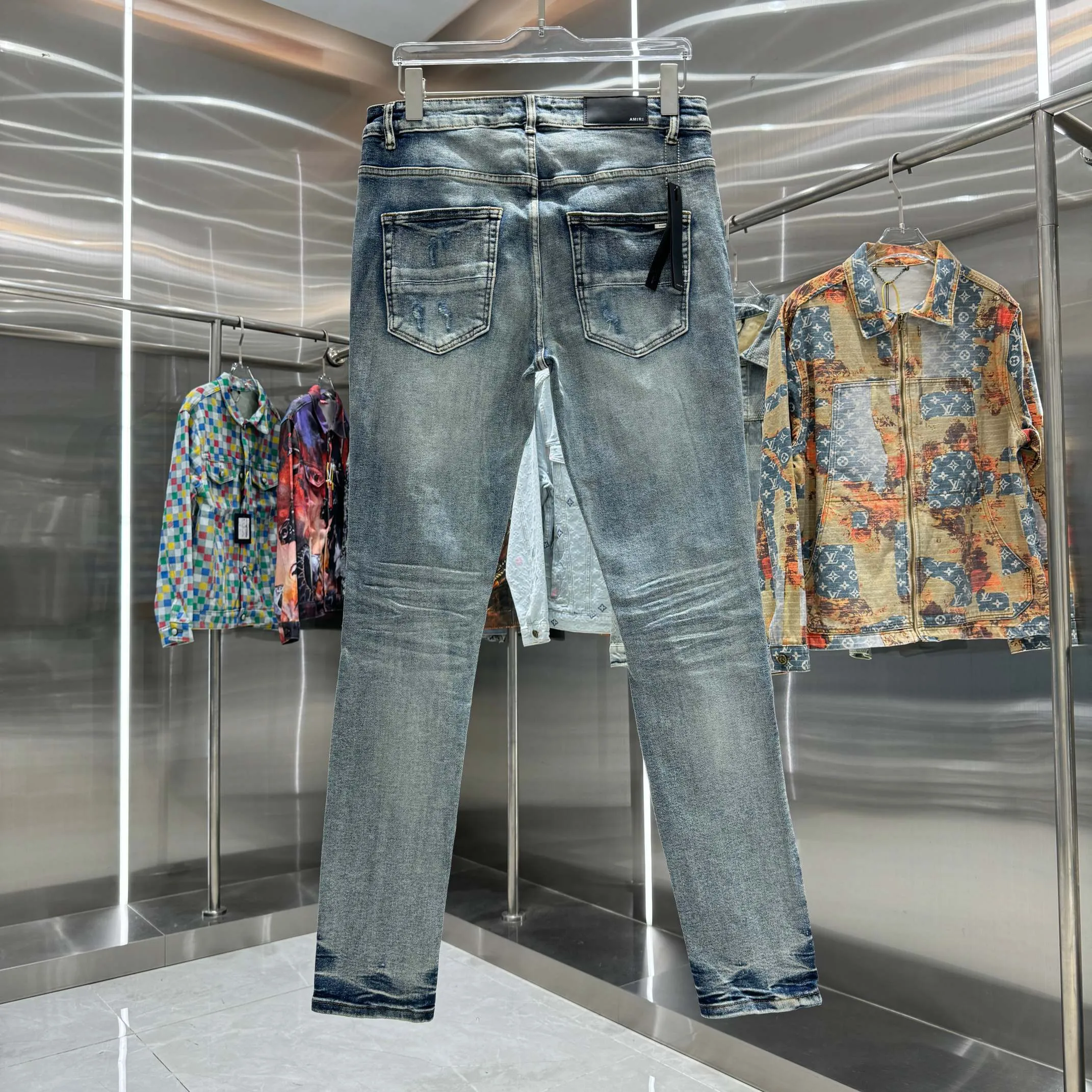 P290 Amiri ripped street fashion slim fit stretch jeans color blue size 30 32 34 36 38