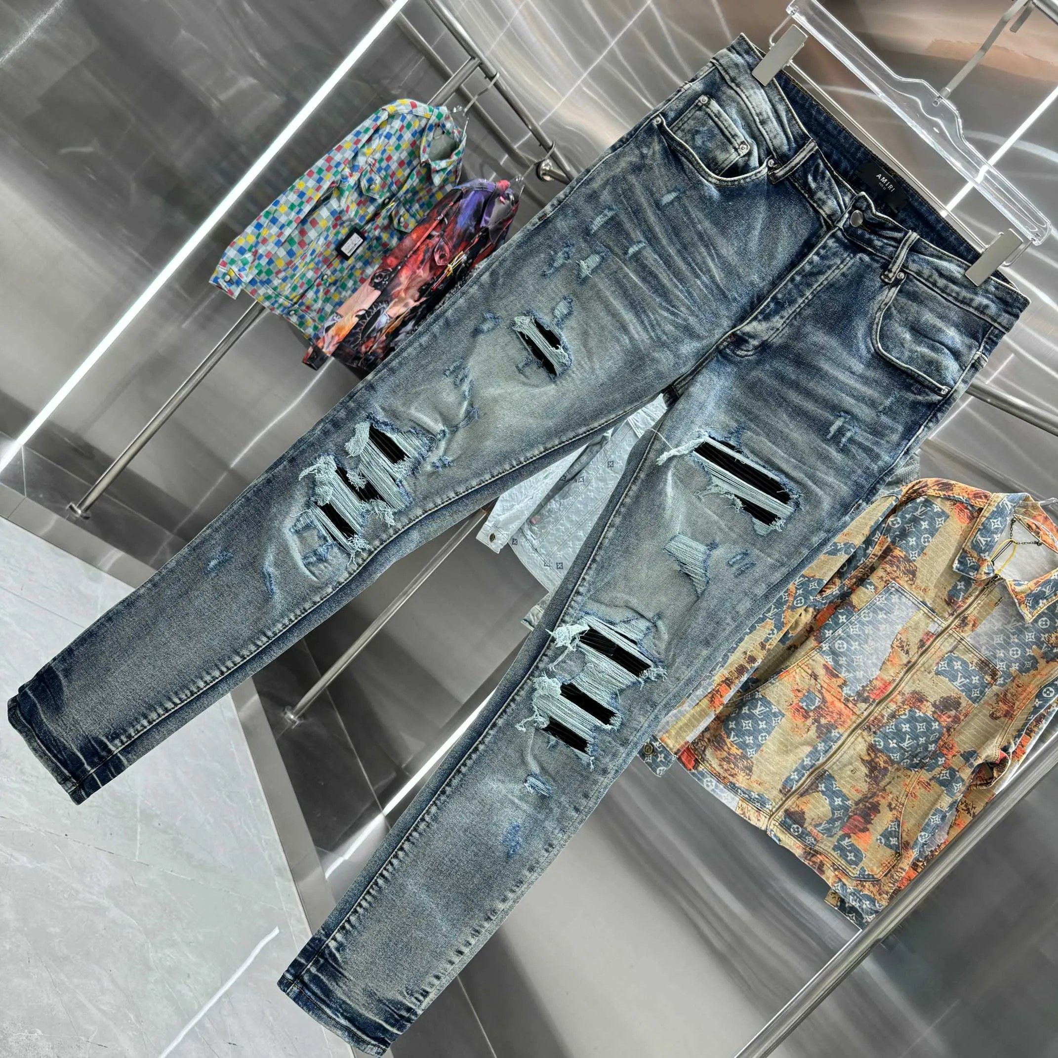 P290 Amiri ripped street fashion slim fit stretch jeans color blue size 30 32 34 36 38