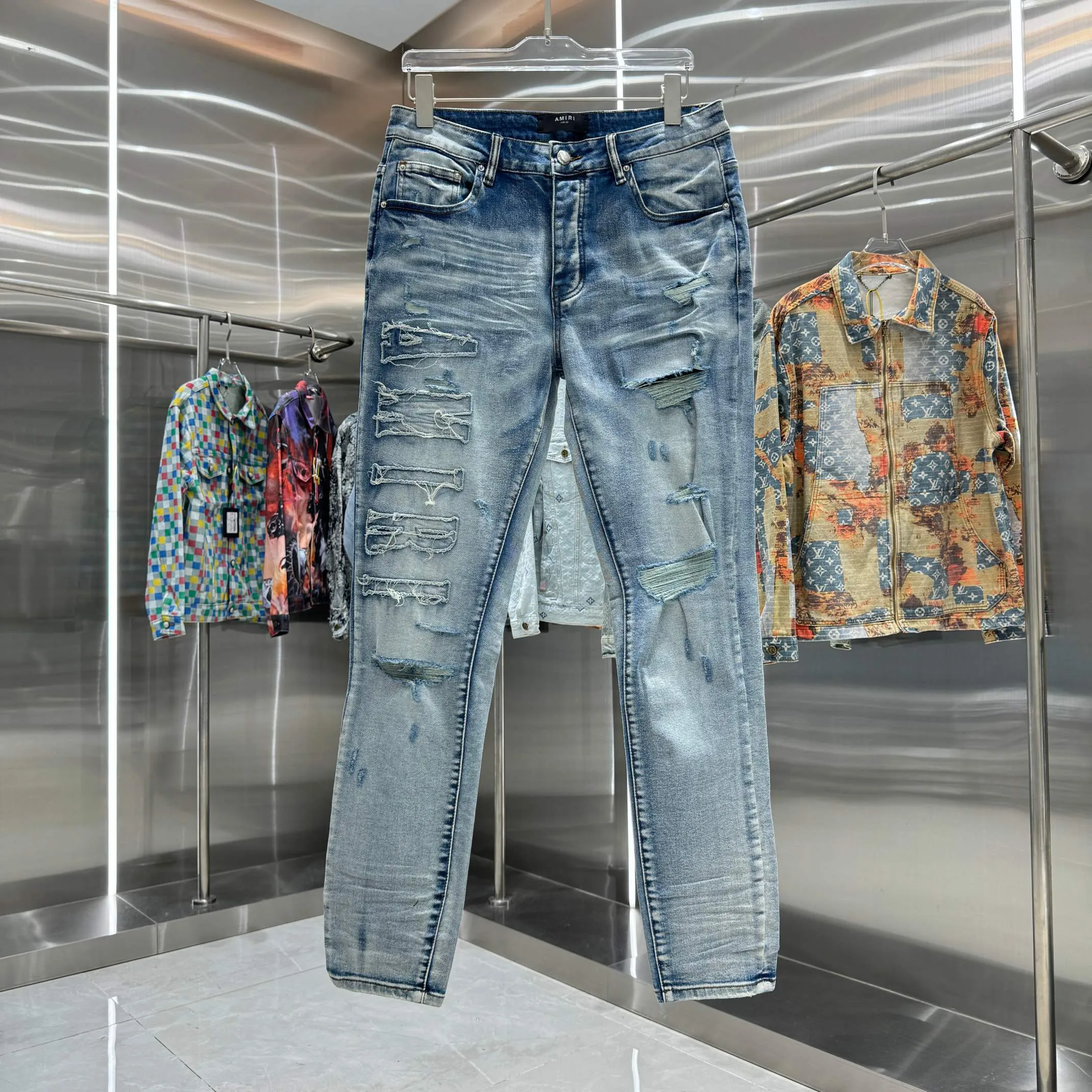 P290 Amiri ripped street fashion slim fit stretch jeans color blue size 30 32 34 36 38