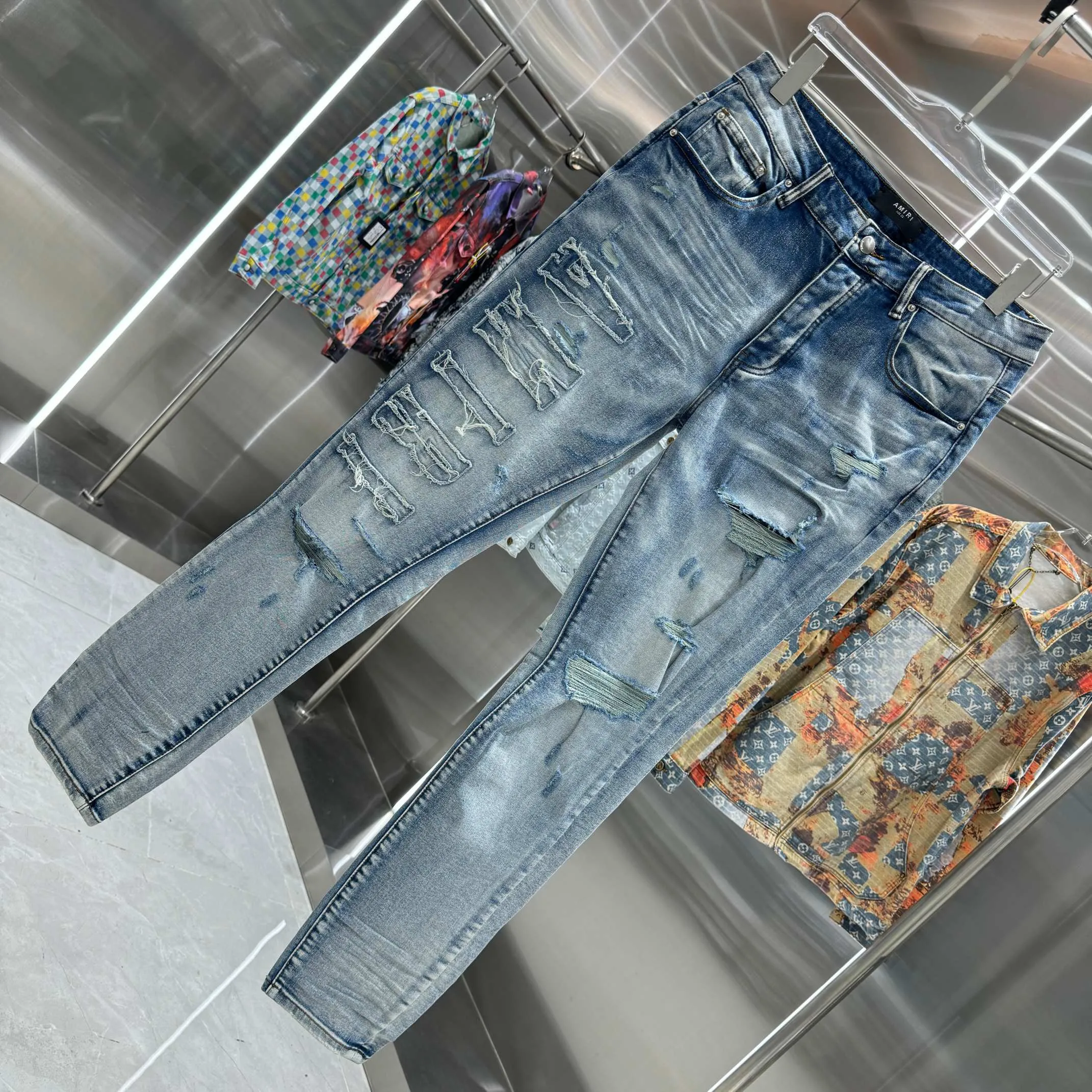 P290 Amiri ripped street fashion slim fit stretch jeans color blue size 30 32 34 36 38