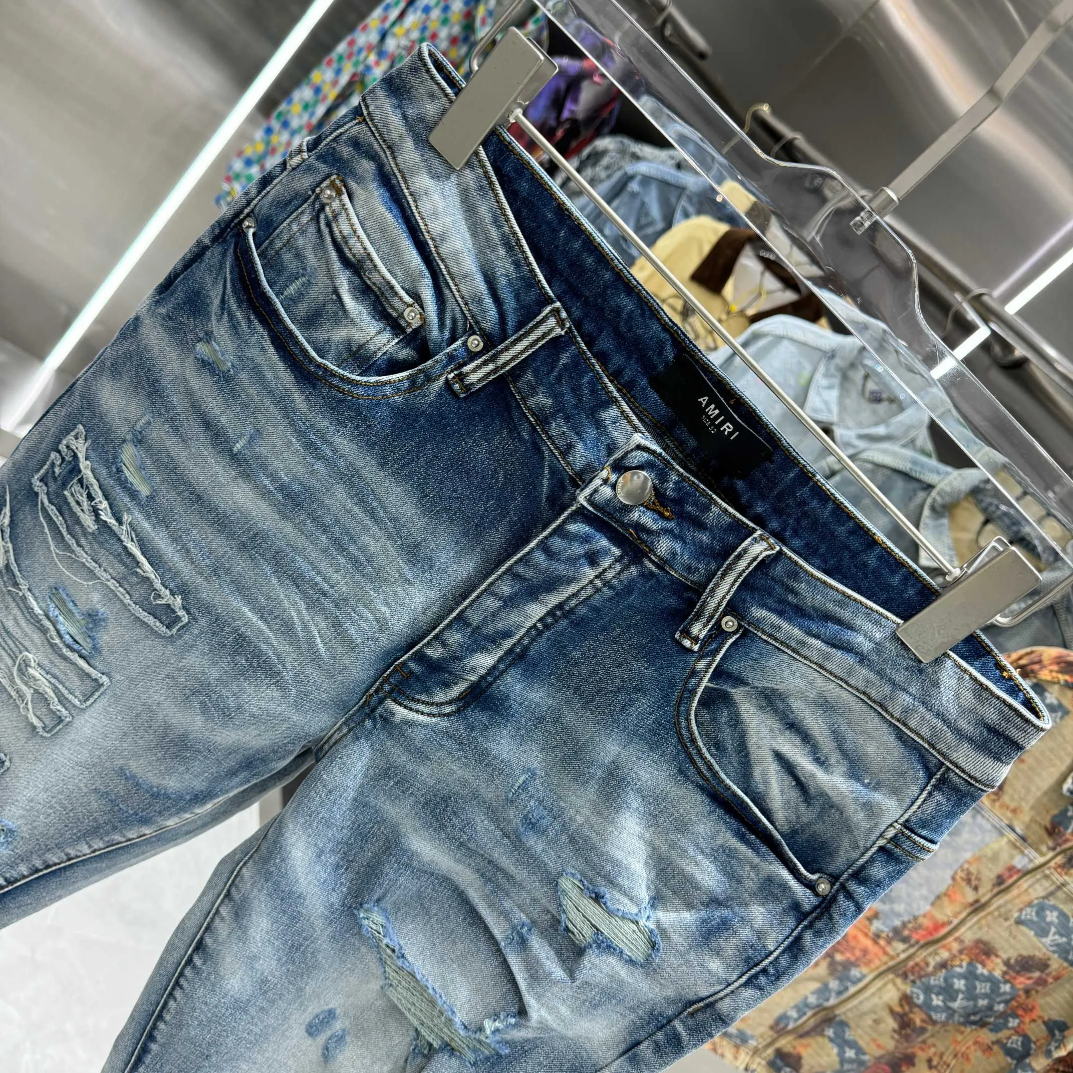 P290 Amiri ripped street fashion slim fit stretch jeans color blue size 30 32 34 36 38