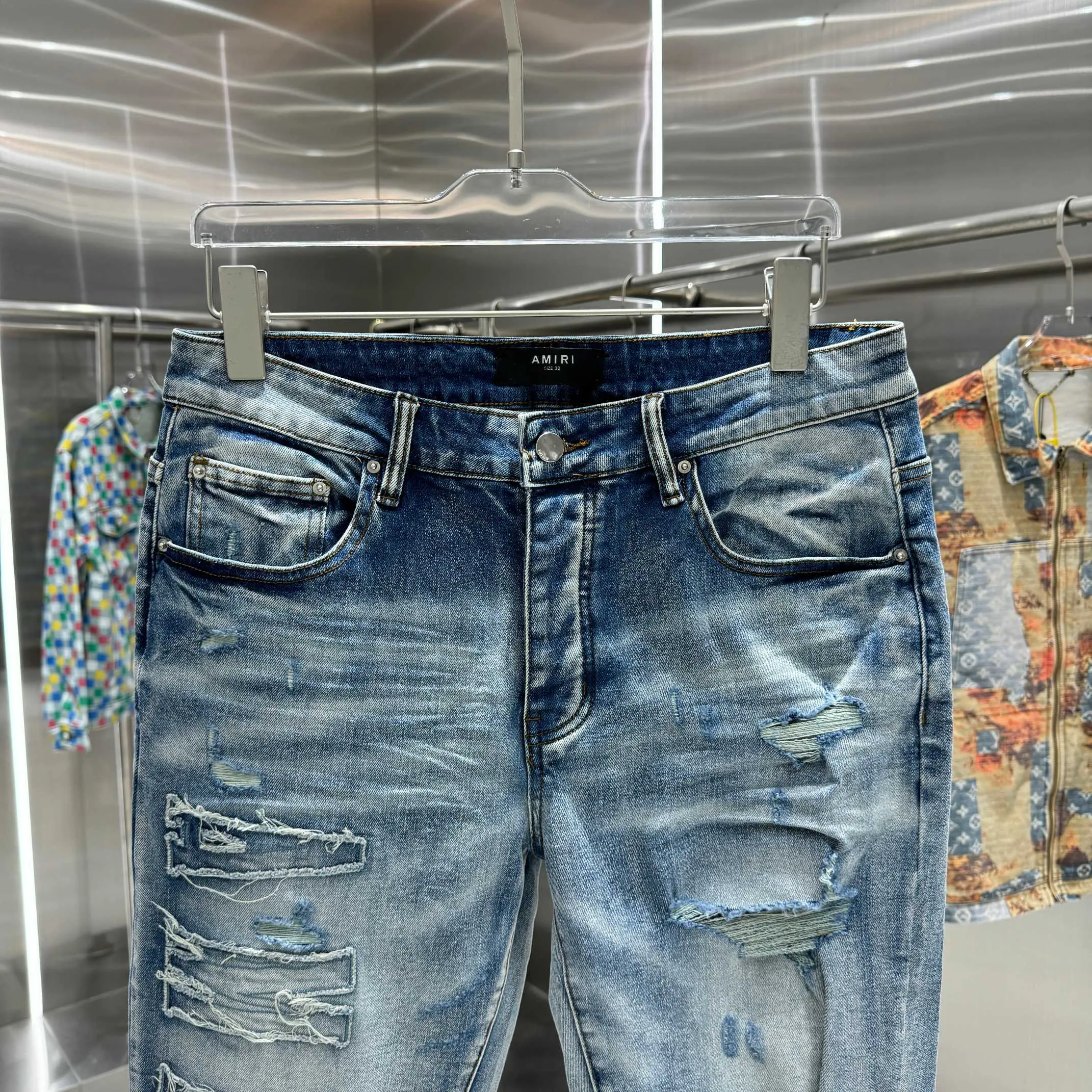 P290 Amiri ripped street fashion slim fit stretch jeans color blue size 30 32 34 36 38