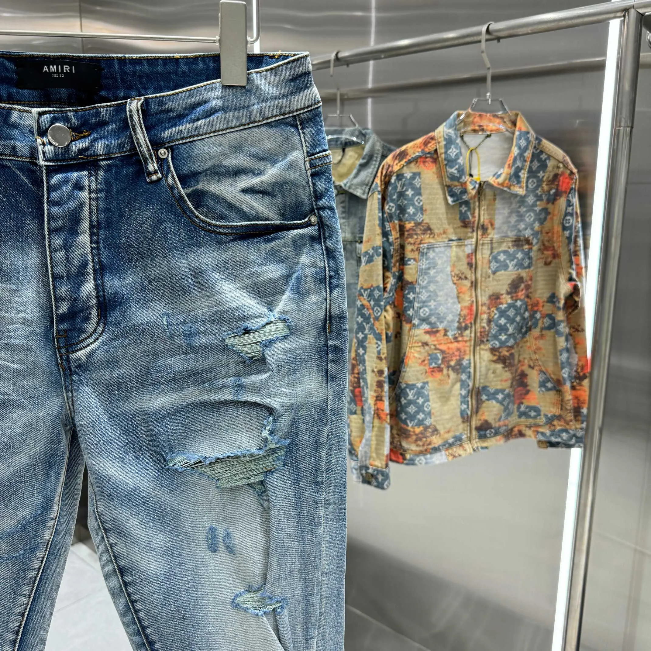 P290 Amiri ripped street fashion slim fit stretch jeans color blue size 30 32 34 36 38