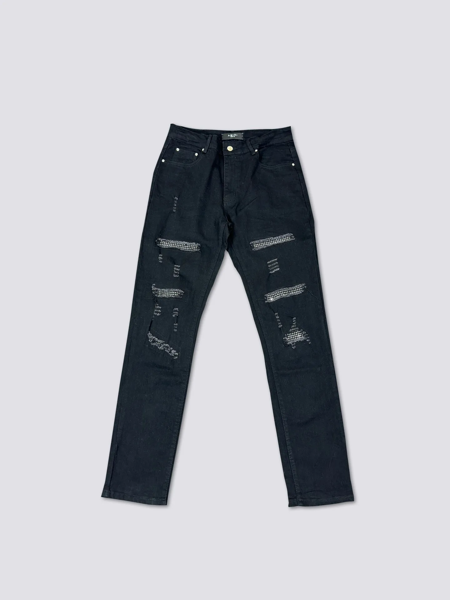 AMIRI's new jeans are washed and splashed with ink, ripped holes and silver diamond denim trousers, the same style for men and women. Color: black. Size: S-XL (28-34)