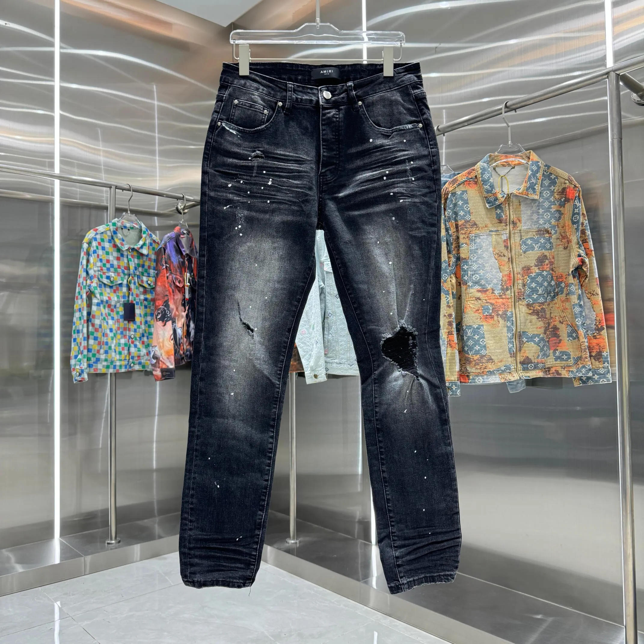 P280 Amiri ripped graffiti craft street fashion slim fit stretch jeans Color Black Size 30 32 34 36 38