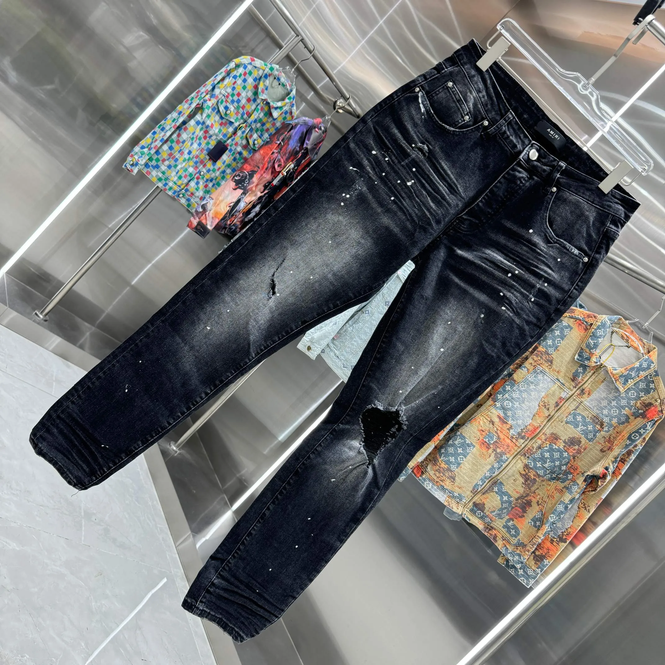 P280 Amiri ripped graffiti craft street fashion slim fit stretch jeans Color Black Size 30 32 34 36 38