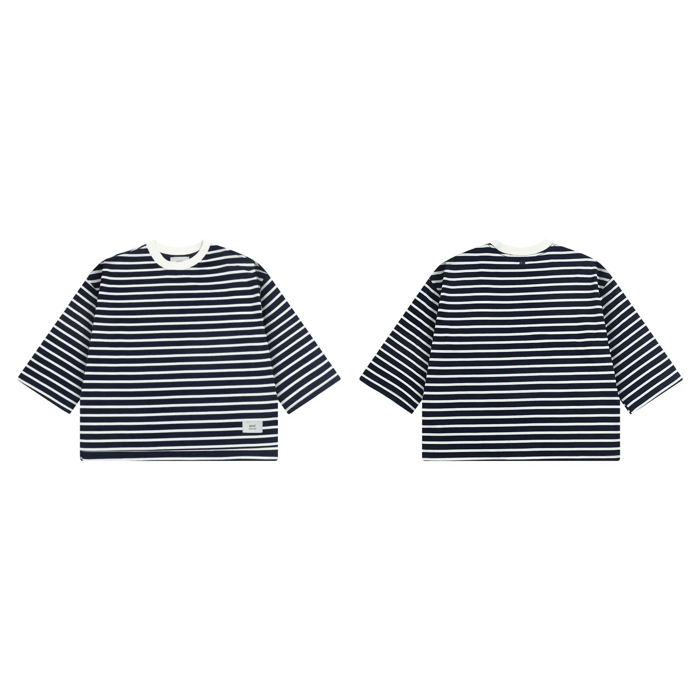 1231# AMI PARIS 25SS new letter LOGO small label striped loose and versatile casual three-quarter sleeve short-sleeved T-shirt logo round neck 240g pure cotton fabric loose short style Color: Orchidma Apricot S-XL