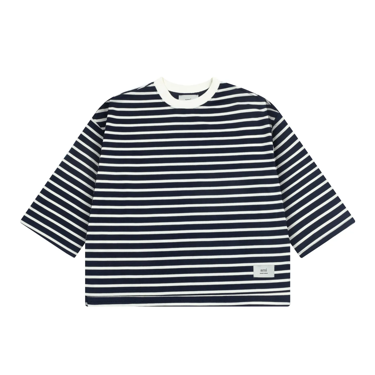 1231# AMI PARIS 25SS new letter LOGO small label striped loose and versatile casual three-quarter sleeve short-sleeved T-shirt logo round neck 240g pure cotton fabric loose short style Color: Orchidma Apricot S-XL