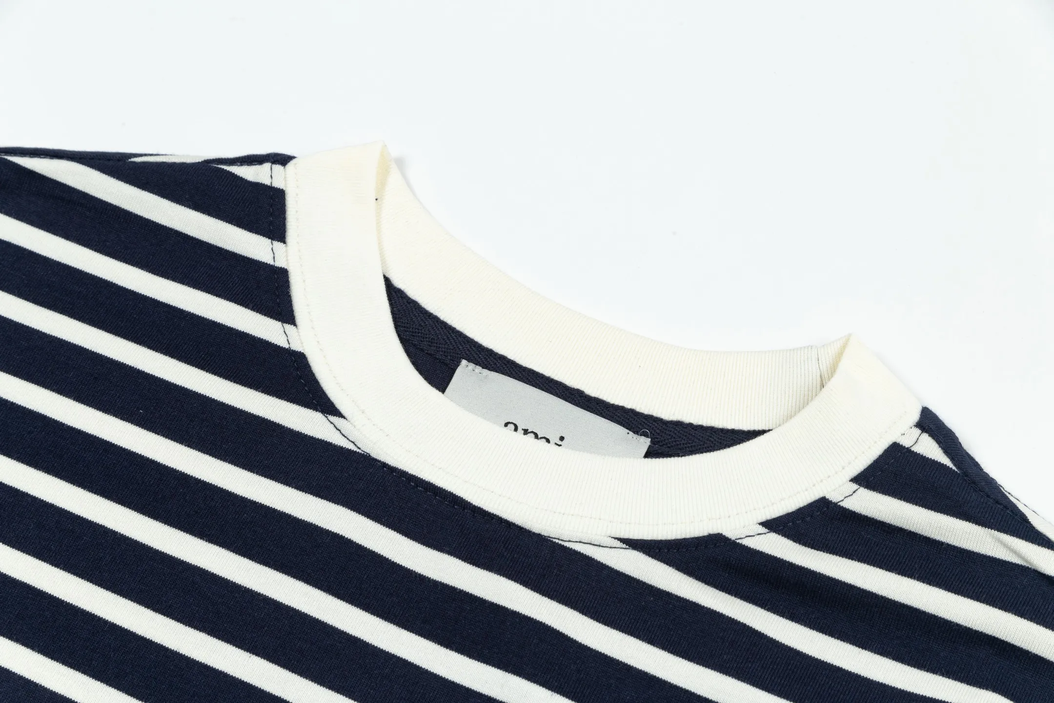 1231# AMI PARIS 25SS new letter LOGO small label striped loose and versatile casual three-quarter sleeve short-sleeved T-shirt logo round neck 240g pure cotton fabric loose short style Color: Orchidma Apricot S-XL