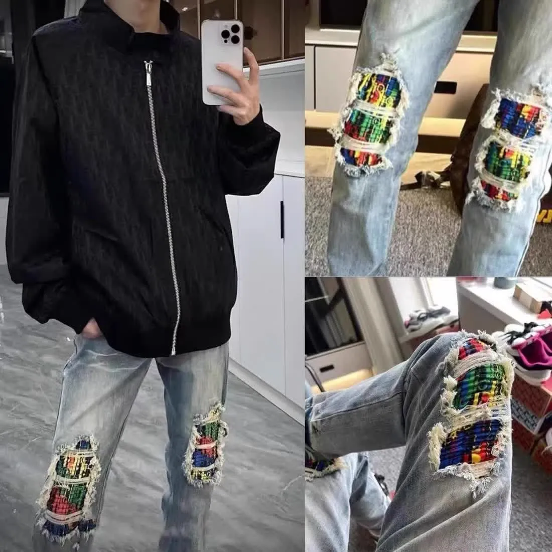 #M77 P168💰 AMIRI patch embroidery jeans trousers AMIRI high street basic ripped tight elastic jeans trousers amiri brand jeans break the production process and cutting of the original jeans, the fabrics are softer and more comfortable Hand-sewn collar label Customized logo buttons Genuine leather tag Color: Picture color Size: 30-32-34-36
