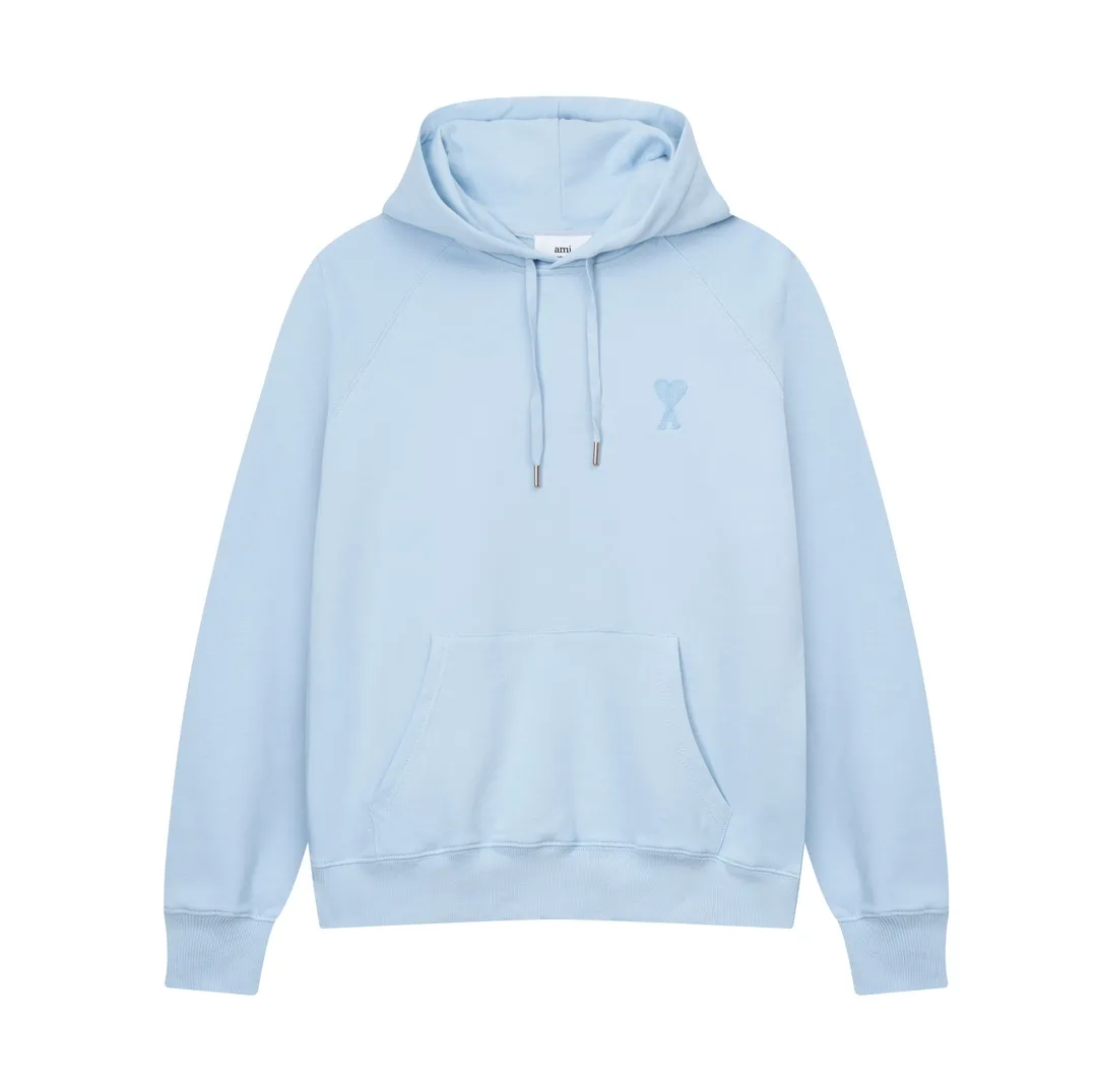635# AMI Paris 2023 new product love towel embroidered raglan hooded sweatshirt, custom-made 400g pure cotton fabric, same style for men and women. Color: black, white, candy pink, sky blue, floral gray, vanilla apricot, orchid. Size: S-XL