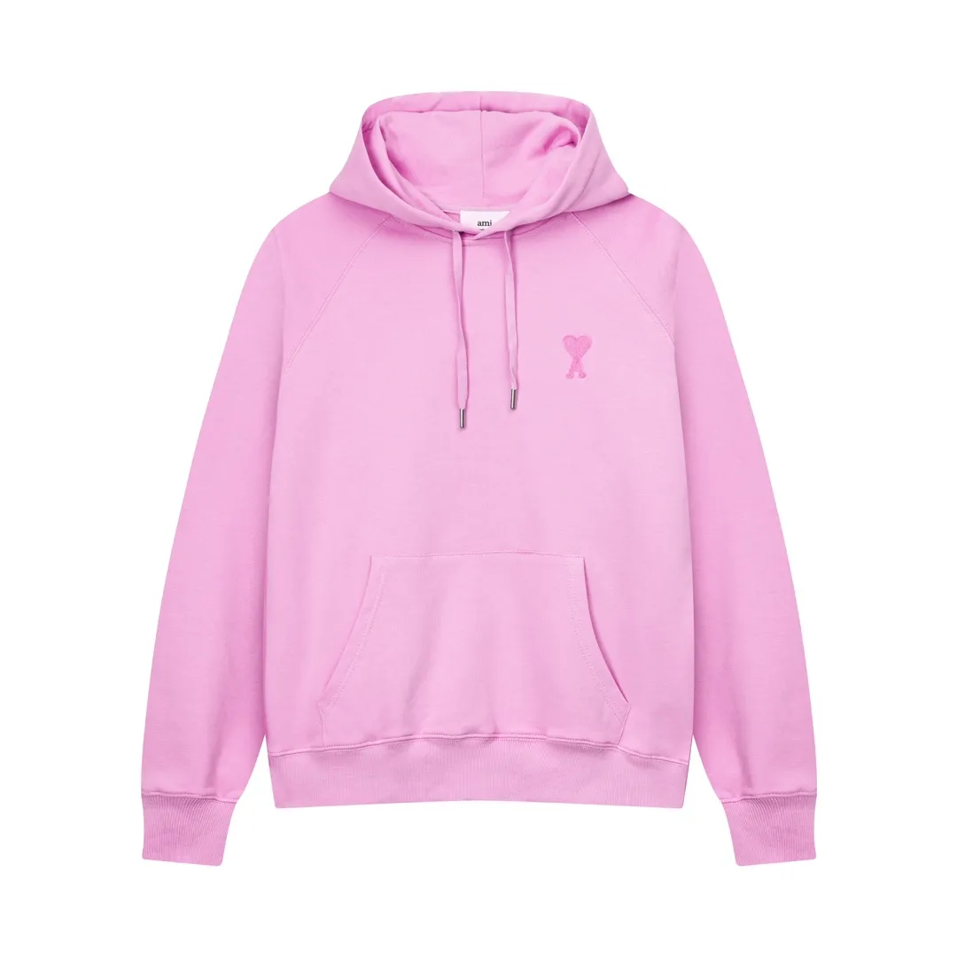 635# AMI Paris 2023 new product love towel embroidered raglan hooded sweatshirt, custom-made 400g pure cotton fabric, same style for men and women. Color: black, white, candy pink, sky blue, floral gray, vanilla apricot, orchid. Size: S-XL