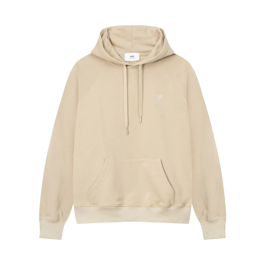 635# AMI Paris 2023 new product love towel embroidered raglan hooded sweatshirt, custom-made 400g pure cotton fabric, same style for men and women. Color: black, white, candy pink, sky blue, floral gray, vanilla apricot, orchid. Size: S-XL