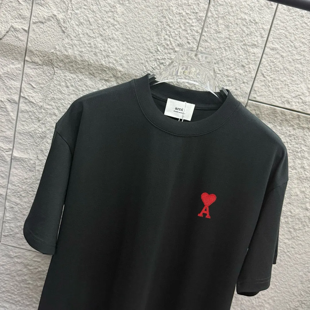 🅿️180 Ami* 2025 spring and summer new style Embroidered red love Customized double yarn plain cotton fabric Short-sleeved T-shirt Uniform for men and women Color: black white light blue light pink Size: S (90-130 pounds) M (120-150 pounds) L (140-165 pounds) XL (160-180 pounds) XXL (180-210 pounds)