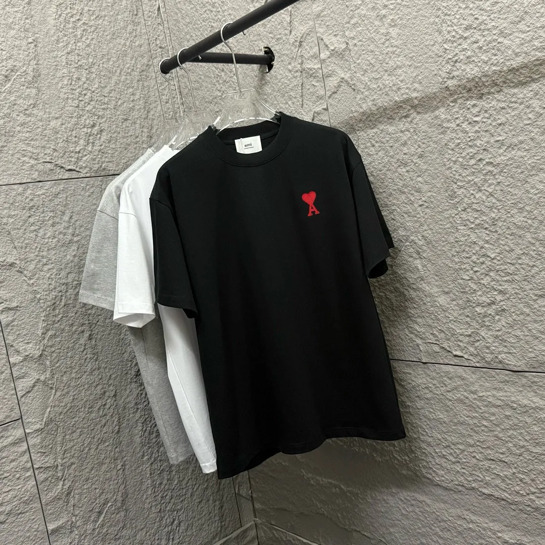 🅿️180 Ami* 2025 spring and summer new style Embroidered red love Customized double yarn plain cotton fabric Short-sleeved T-shirt Uniform for men and women Color: black white light blue light pink Size: S (90-130 pounds) M (120-150 pounds) L (140-165 pounds) XL (160-180 pounds) XXL (180-210 pounds)