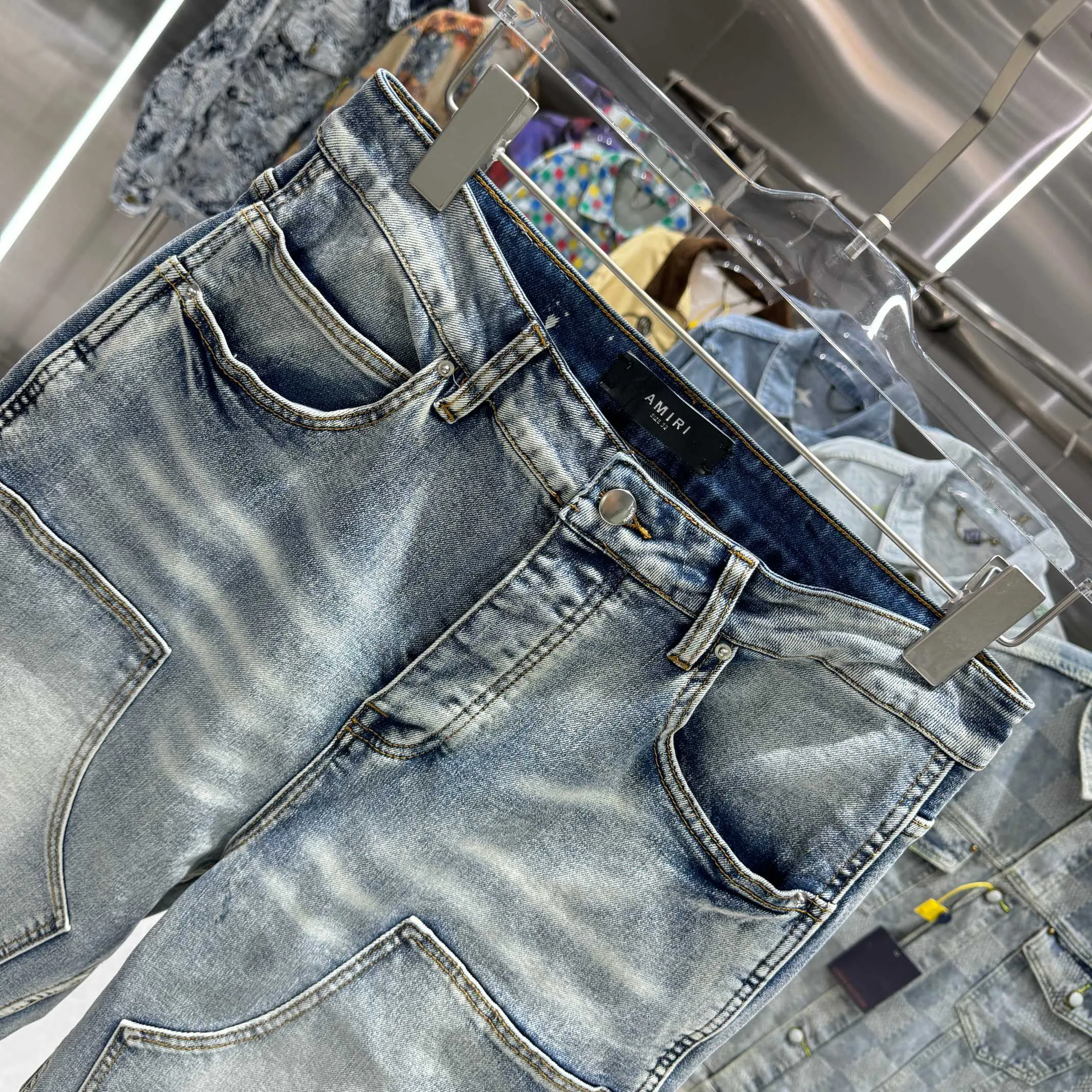 P300 Amiri Heavy-duty washed workwear street fashion loose straight jeans Color Light Blue Size 30 32 34 36 38