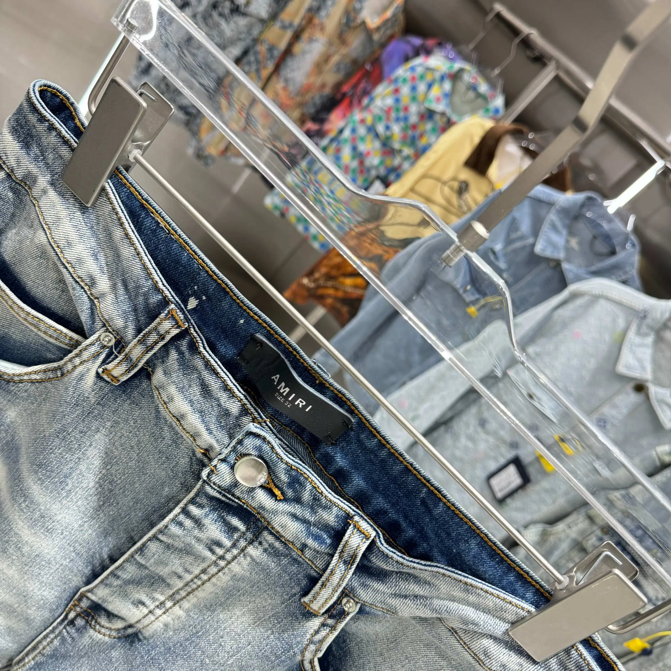 P300 Amiri Heavy-duty washed workwear street fashion loose straight jeans Color Light Blue Size 30 32 34 36 38