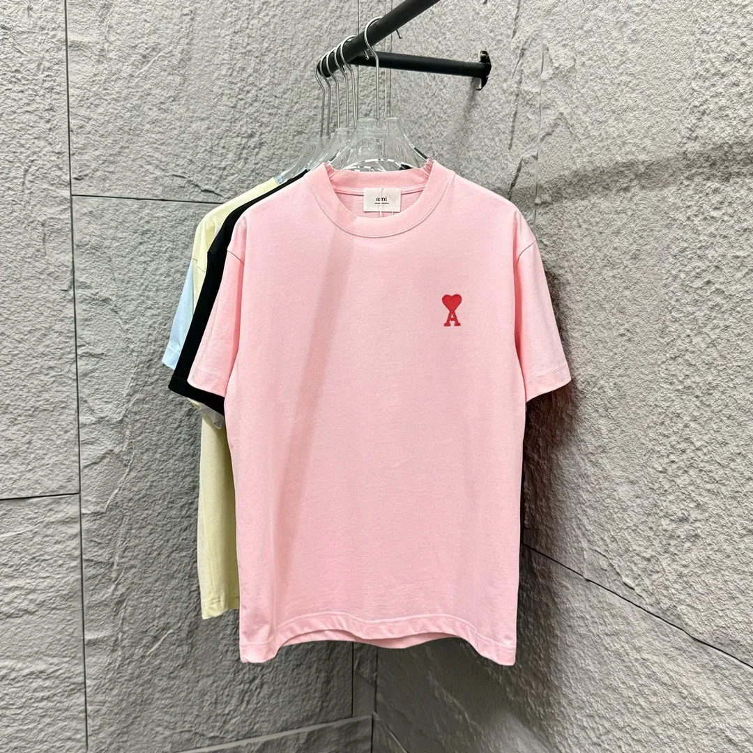 🅿️180 Ami* 2025 spring and summer new style Embroidered red love Customized double yarn plain cotton fabric Short-sleeved T-shirt Uniform for men and women Color: black white light blue light pink Size: S (90-130 pounds) M (120-150 pounds) L (140-165 pounds) XL (160-180 pounds) XXL (180-210 pounds)
