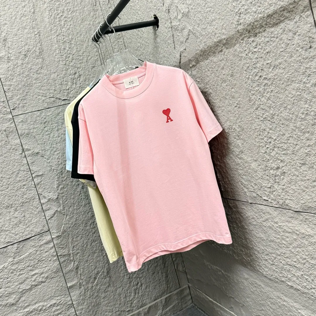 🅿️180 Ami* 2025 spring and summer new style Embroidered red love Customized double yarn plain cotton fabric Short-sleeved T-shirt Uniform for men and women Color: black white light blue light pink Size: S (90-130 pounds) M (120-150 pounds) L (140-165 pounds) XL (160-180 pounds) XXL (180-210 pounds)