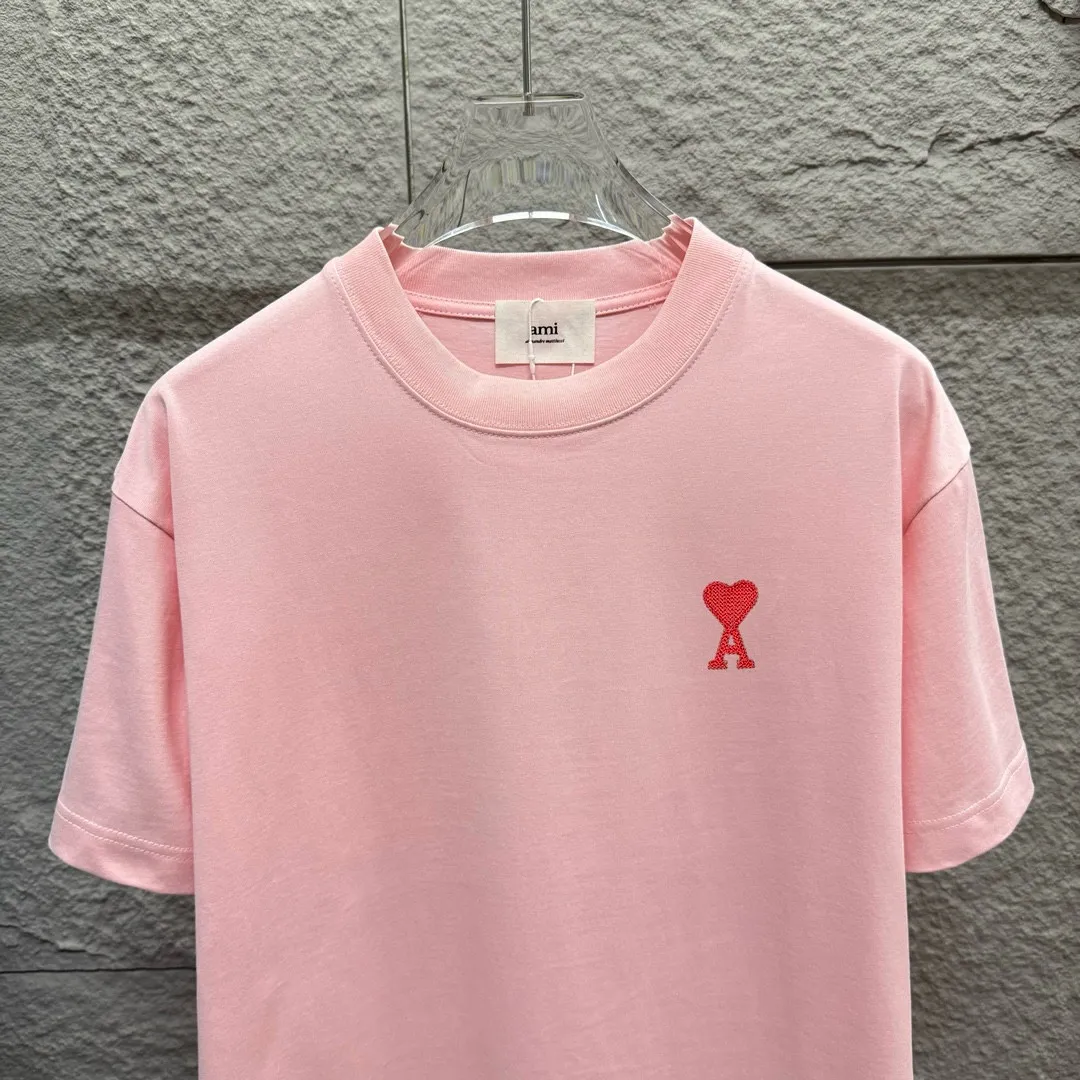 🅿️180 Ami* 2025 spring and summer new style Embroidered red love Customized double yarn plain cotton fabric Short-sleeved T-shirt Uniform for men and women Color: black white light blue light pink Size: S (90-130 pounds) M (120-150 pounds) L (140-165 pounds) XL (160-180 pounds) XXL (180-210 pounds)