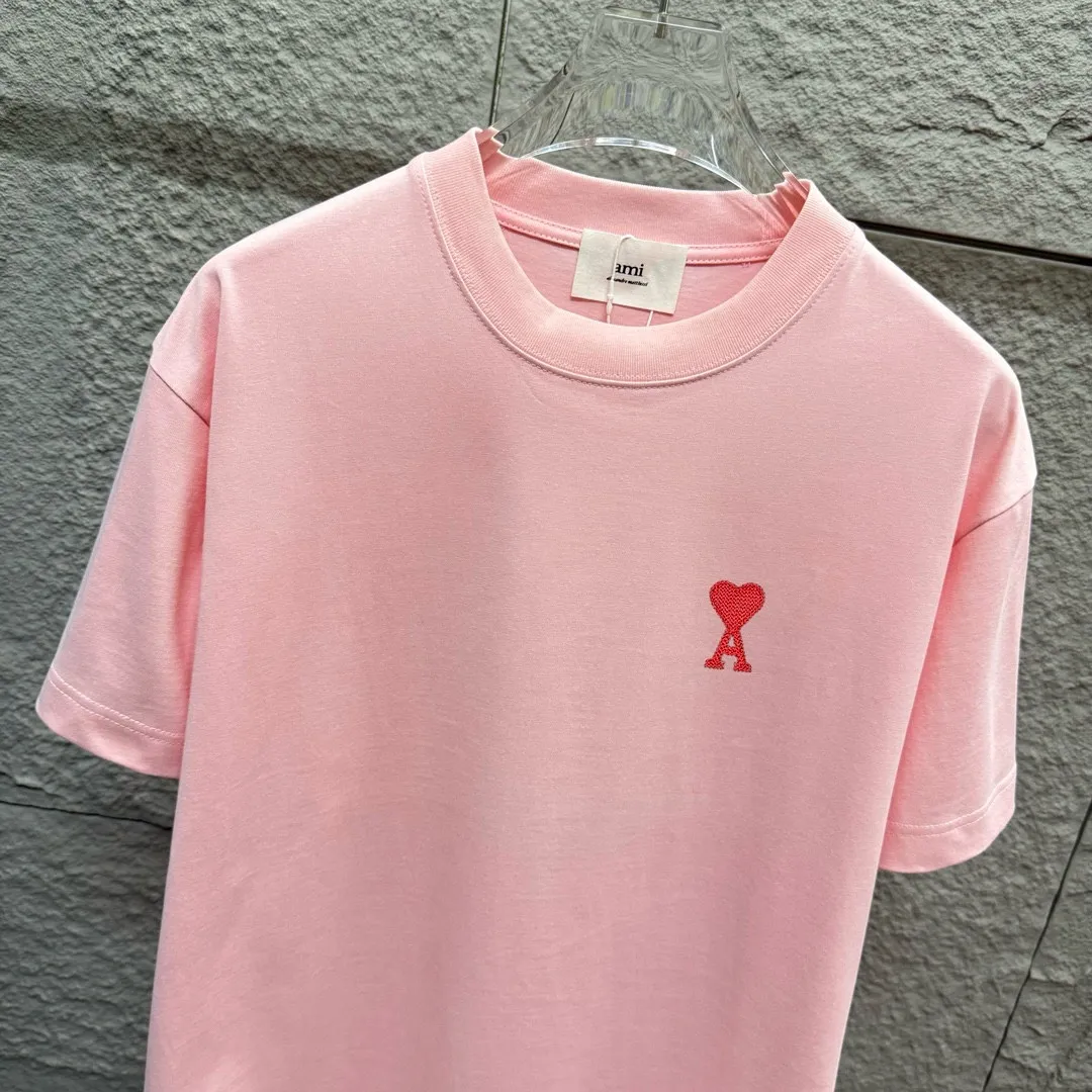 🅿️180 Ami* 2025 spring and summer new style Embroidered red love Customized double yarn plain cotton fabric Short-sleeved T-shirt Uniform for men and women Color: black white light blue light pink Size: S (90-130 pounds) M (120-150 pounds) L (140-165 pounds) XL (160-180 pounds) XXL (180-210 pounds)