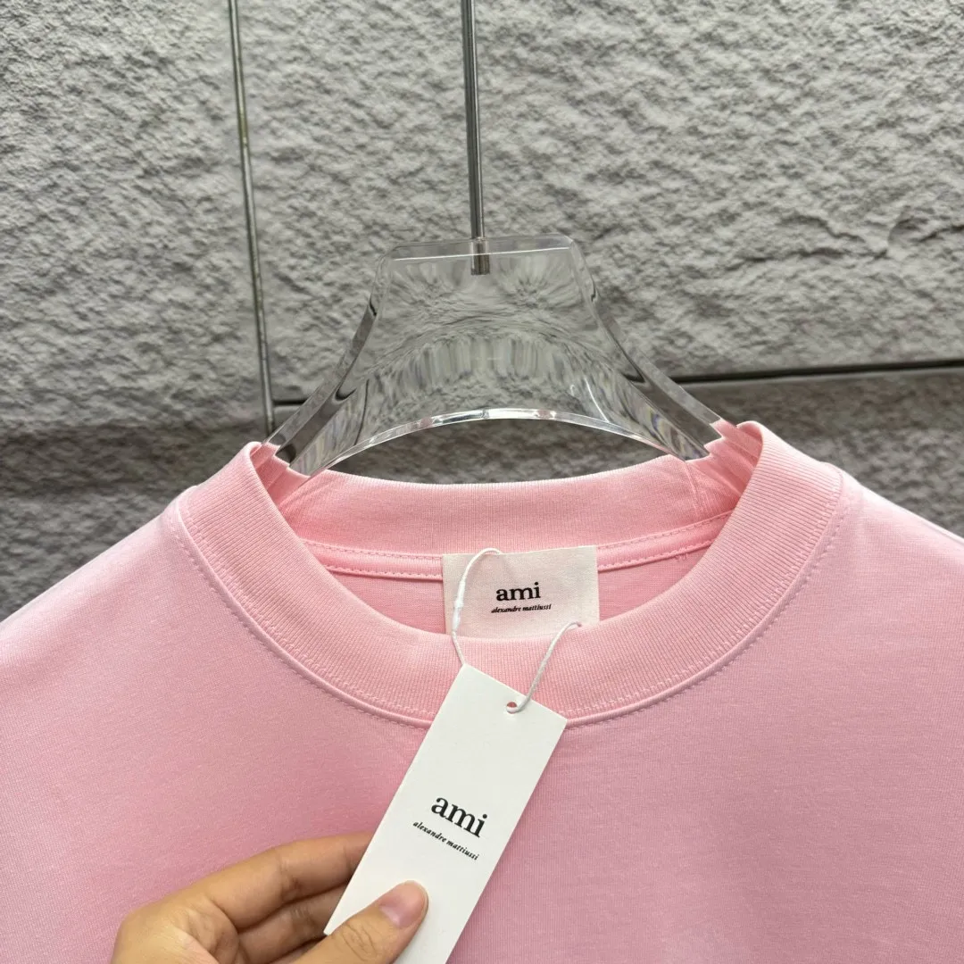 🅿️180 Ami* 2025 spring and summer new style Embroidered red love Customized double yarn plain cotton fabric Short-sleeved T-shirt Uniform for men and women Color: black white light blue light pink Size: S (90-130 pounds) M (120-150 pounds) L (140-165 pounds) XL (160-180 pounds) XXL (180-210 pounds)