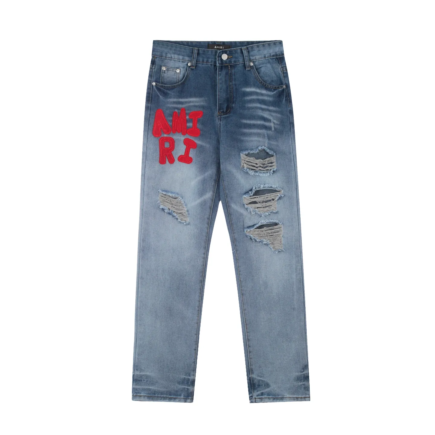 #M39 P168💰 Amiri classic embroidered patched leather distressed lettered jeans. Slim fit jeans. Produced by a major washed factory. Full of high-end. Partial destruction of the knees and patchwork design. Already used as a facade design. Leather waist nameplate. The focus of this style is not on the washing, but on the destroyed shape and version. The secret lies in the craftsmanship of the master. The cost of post-processing, grinding, cutting, etc. is far beyond the cost of assembly line products. Color: Picture color Size: 30-32-34-36
