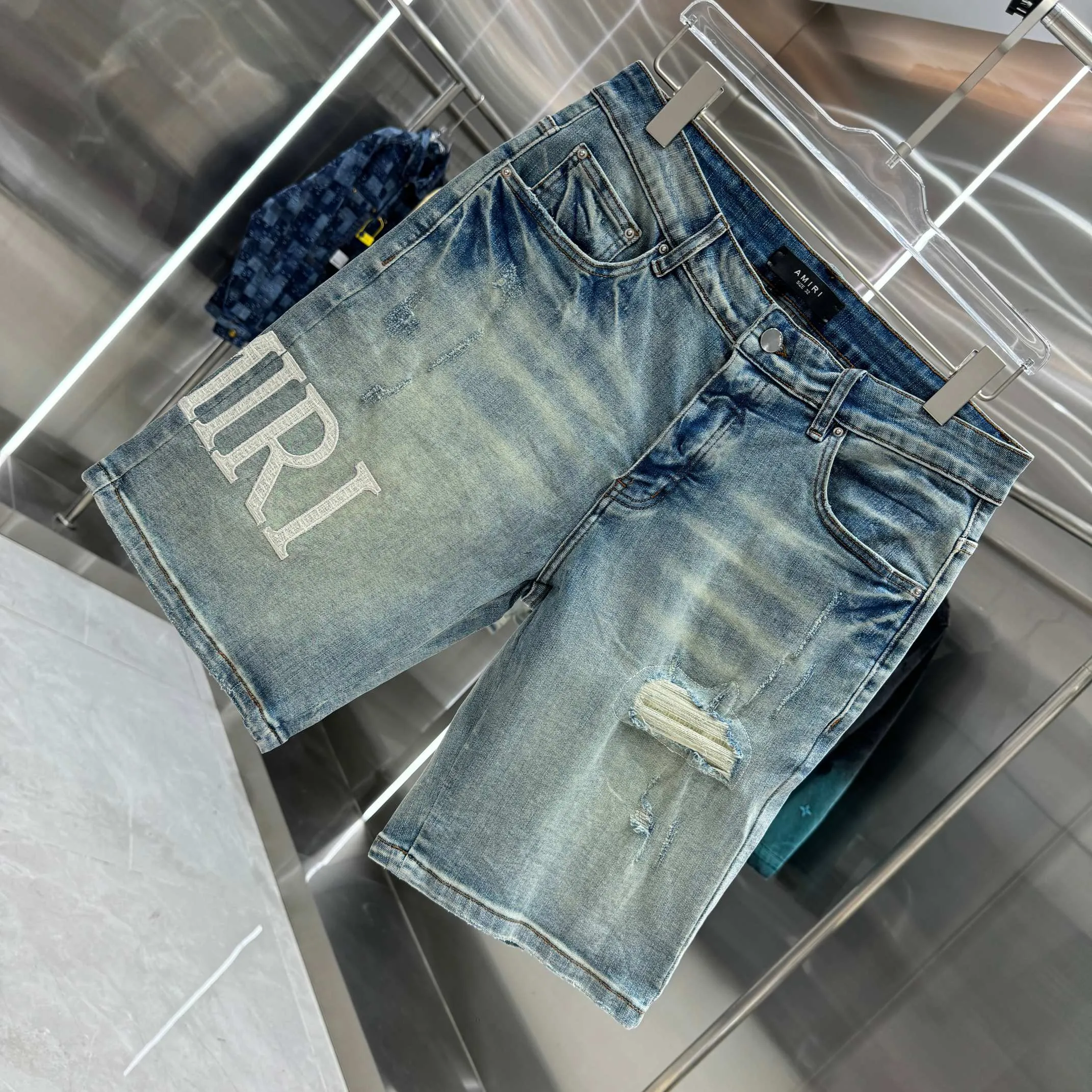P250 Amiri ripped letter embroidery craft street fashion jeans shorts color blue size 30 32 34 36 38