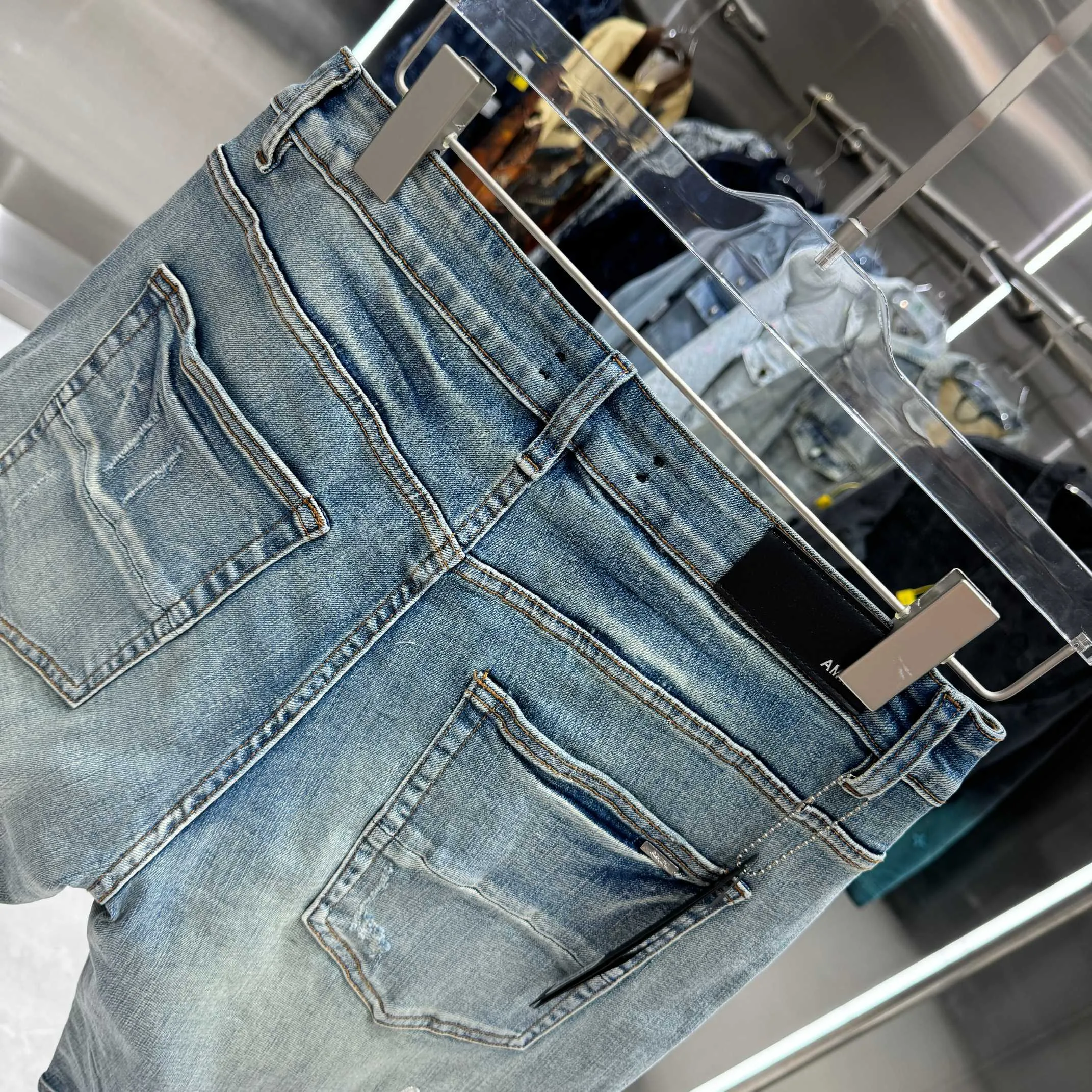 P250 Amiri ripped letter embroidery craft street fashion jeans shorts color blue size 30 32 34 36 38
