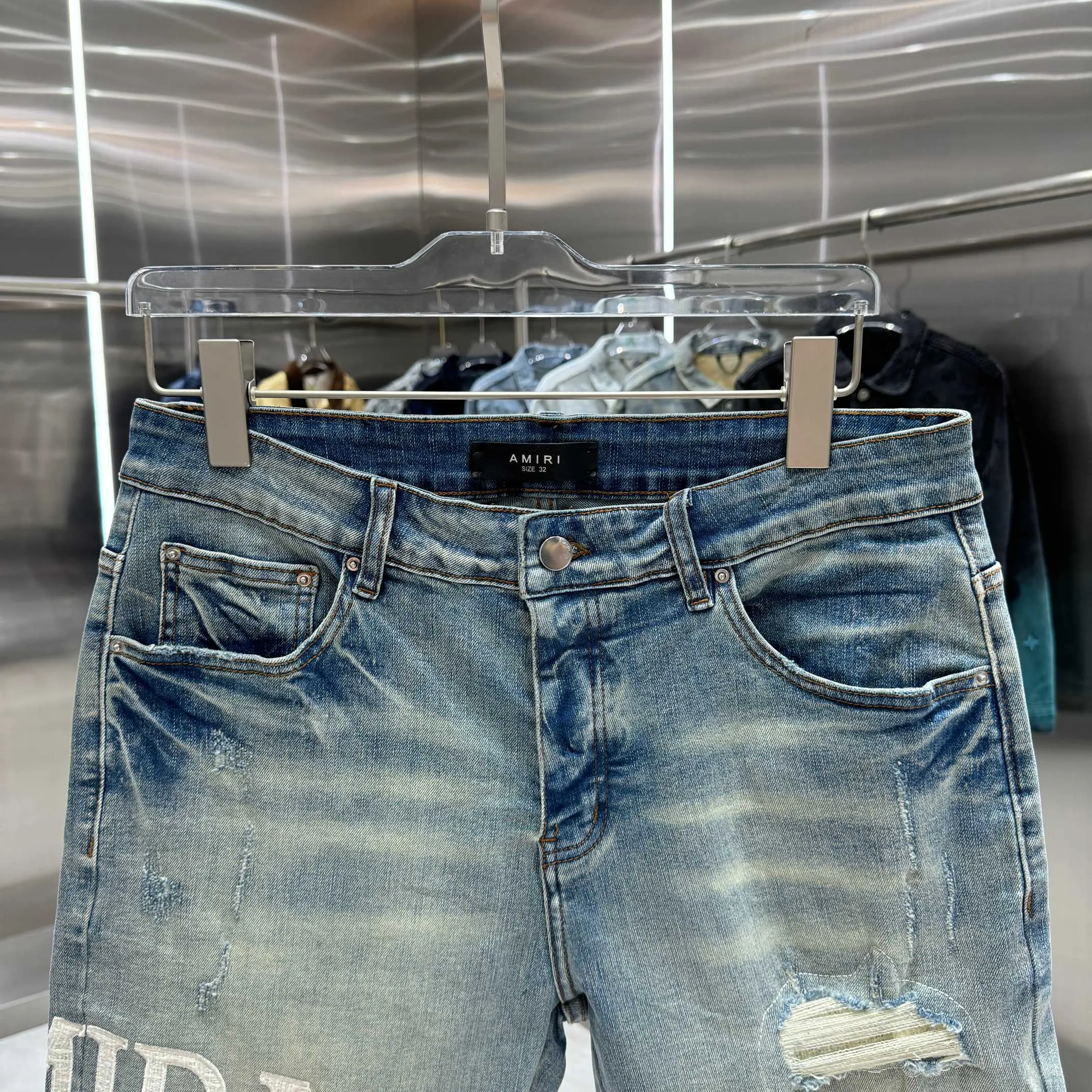 P250 Amiri ripped letter embroidery craft street fashion jeans shorts color blue size 30 32 34 36 38