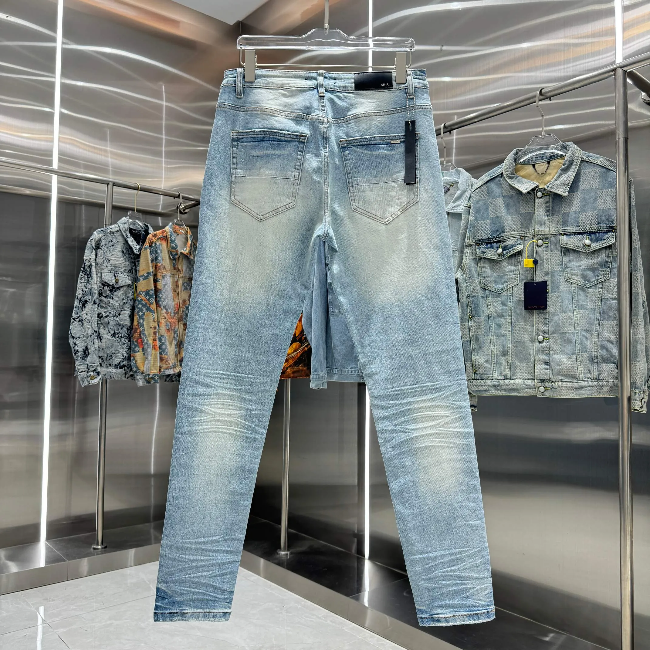 P290 Amiri star leather label street fashion slim fit stretch jeans color light blue size 30 32 34 36 38
