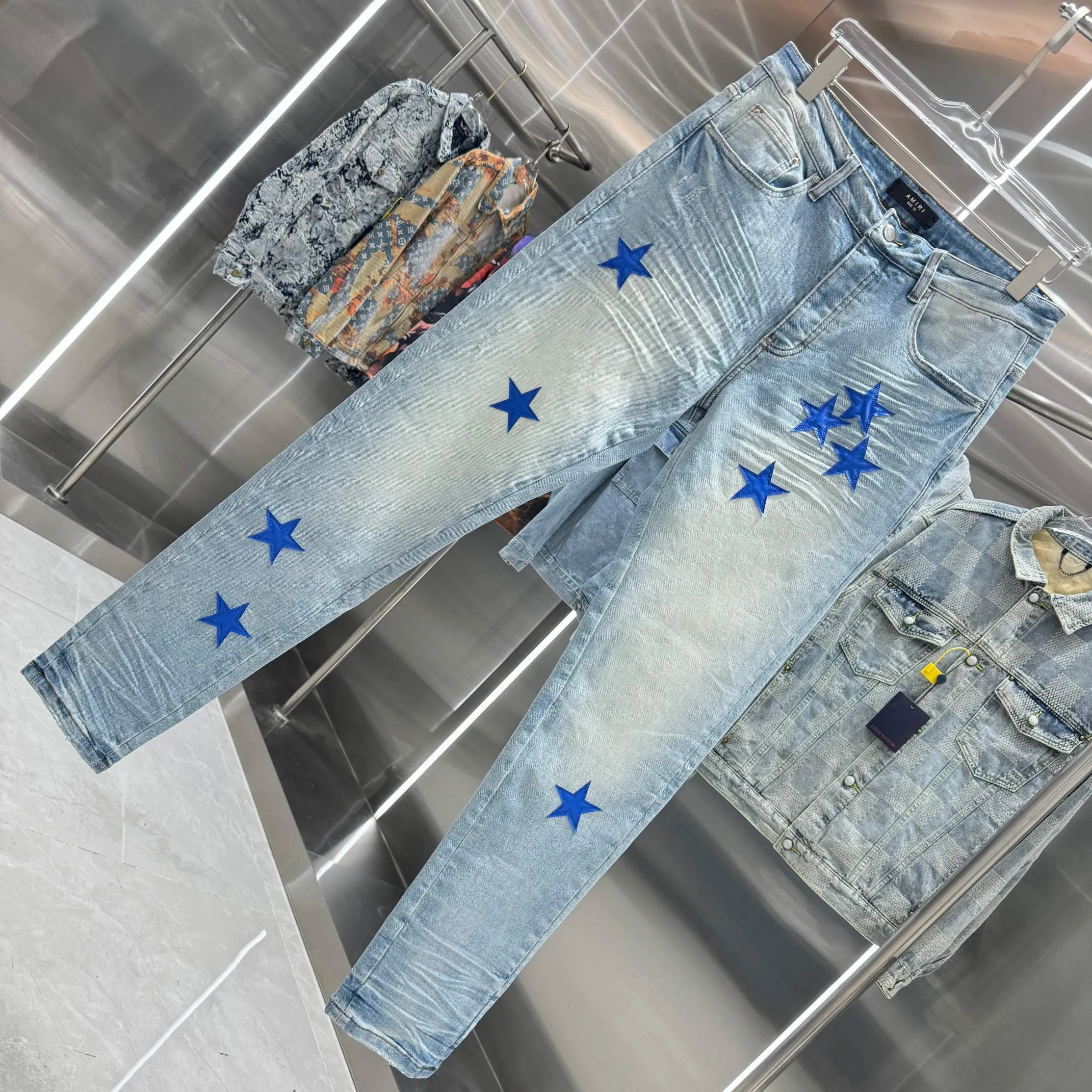 P290 Amiri star leather label street fashion slim fit stretch jeans color light blue size 30 32 34 36 38